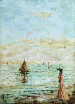 "Elégante au Coucher du Soleil" Stevens C.19th Belgian Impressionist Figure Sea