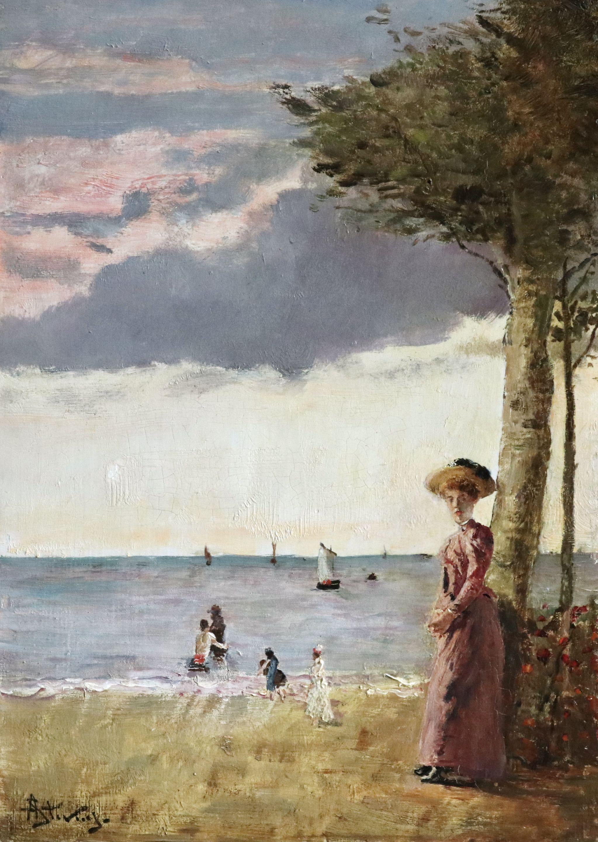 Alfred Émile Léopold Stevens Figurative Painting - Elegante sur la Plage - 19th Century Oil, Figures by Sea Landscape by A Stevens