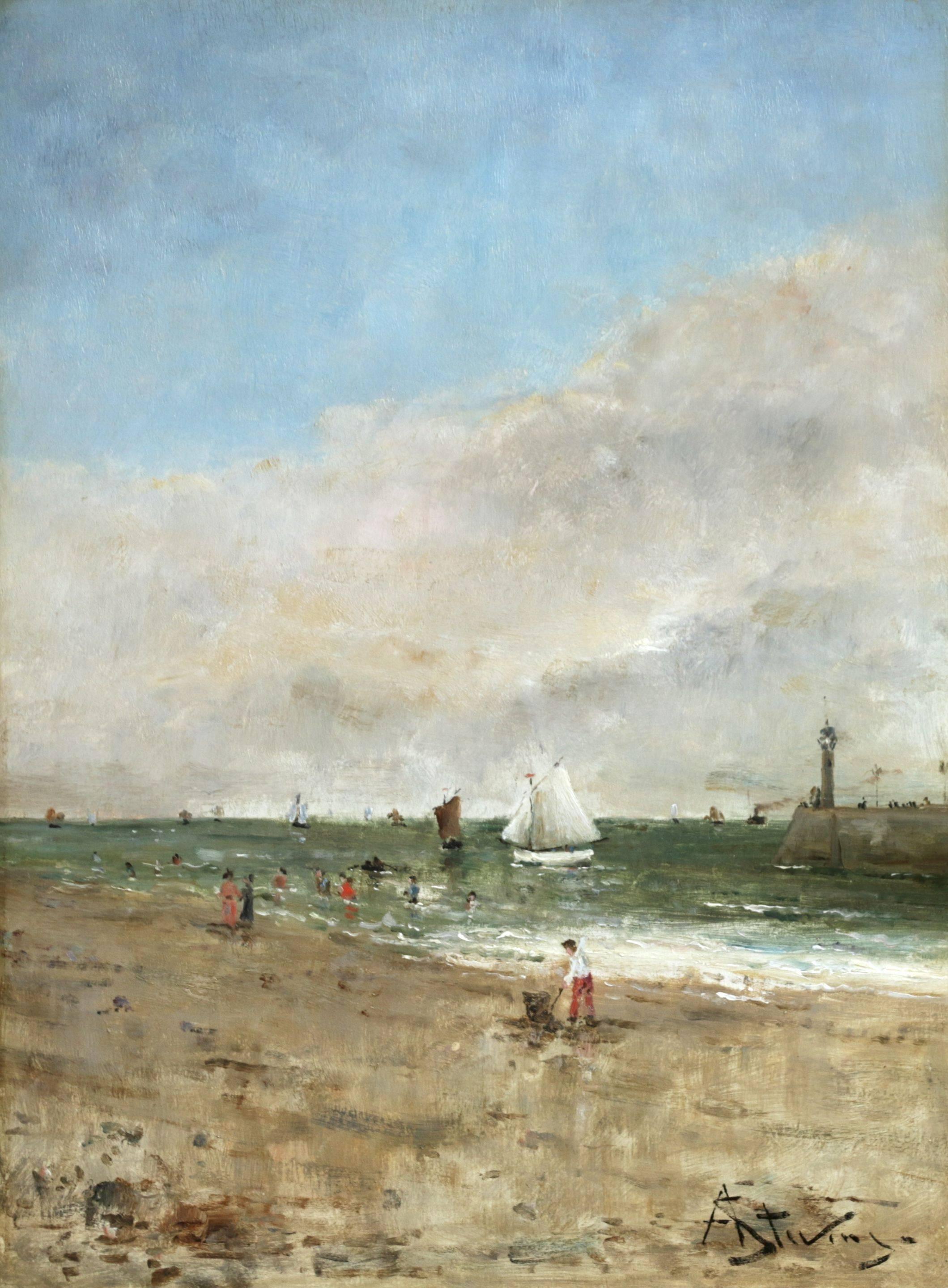 Alfred Émile Léopold Stevens Figurative Painting - Figures on the Beach - Realist Oil, Figures in Seascape by Alfred Stevens