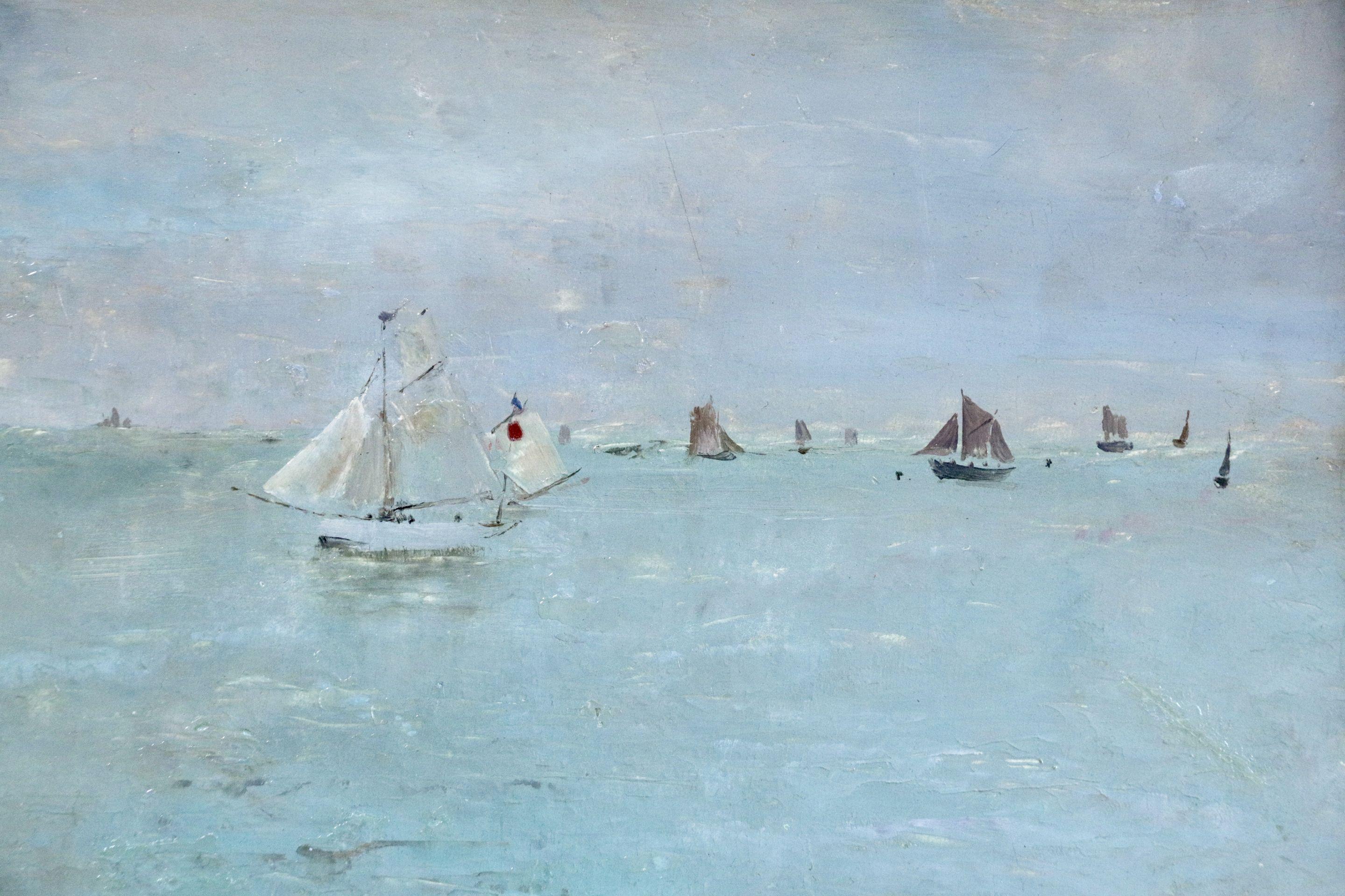 Le Havre - 19th Century Belgian Oil, Boats in Seascape by Alfred Stevens - Gray Landscape Painting by Alfred Émile Léopold Stevens