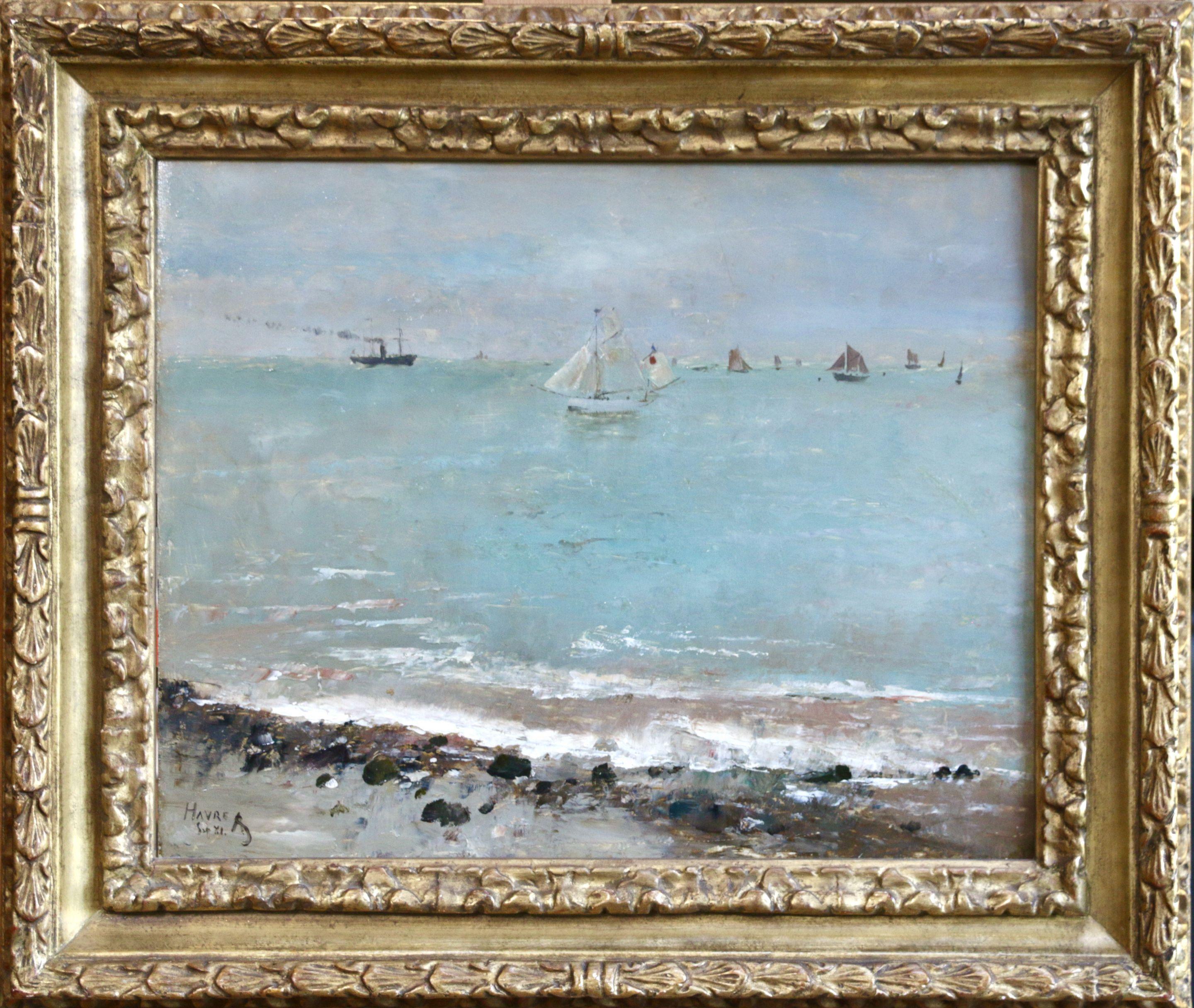 Alfred Émile Léopold Stevens Landscape Painting - Le Havre - 19th Century Belgian Oil, Boats in Seascape by Alfred Stevens