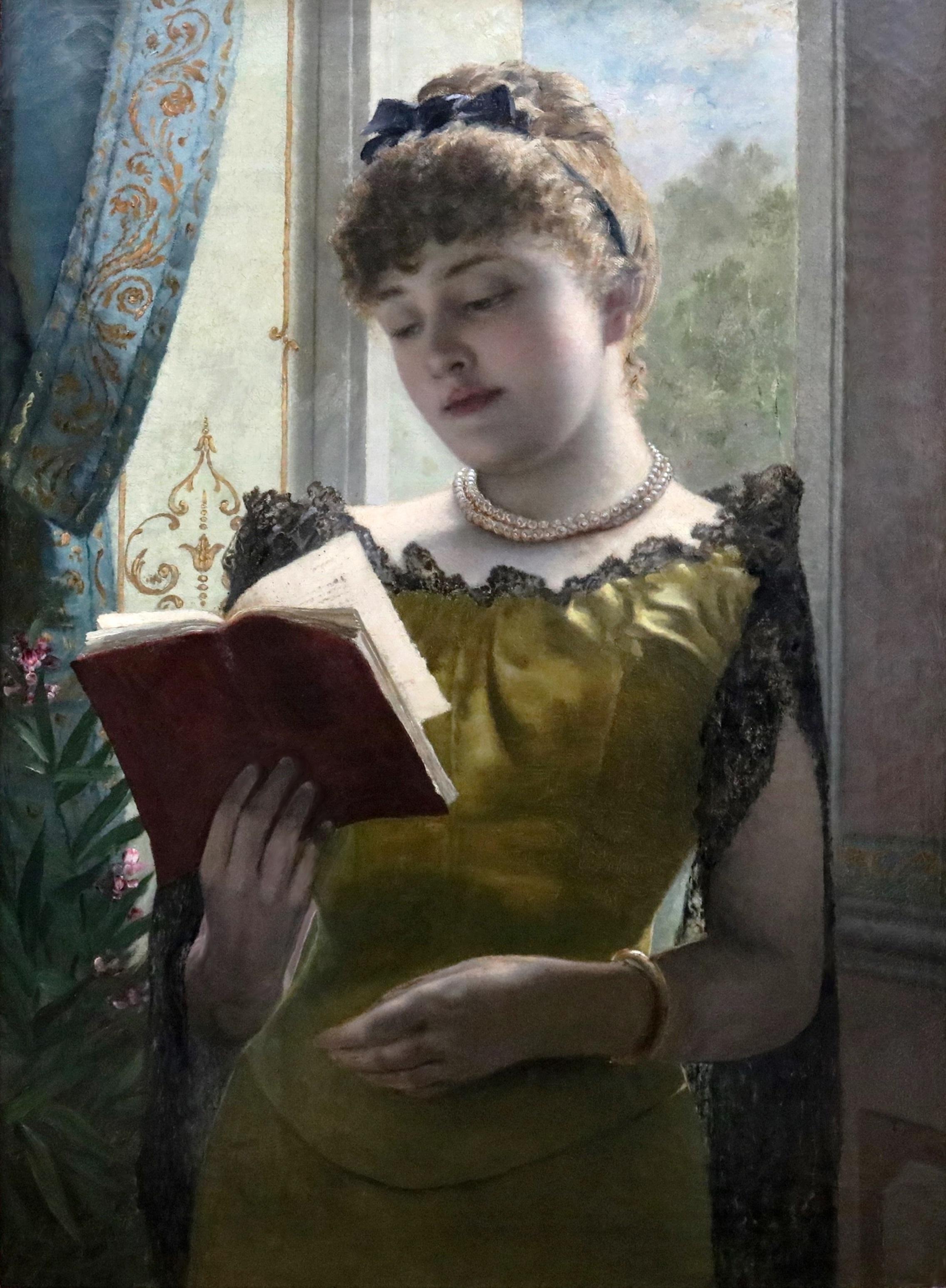 'Perdu dans la Poésie’ by Alfred Stevens (1823-1906)

The painting - which depicts a young Parisian society beauty reading beside an open window – is signed by the artist and presented in a fine quality gold leaf frame. 

•	A detailed look of the