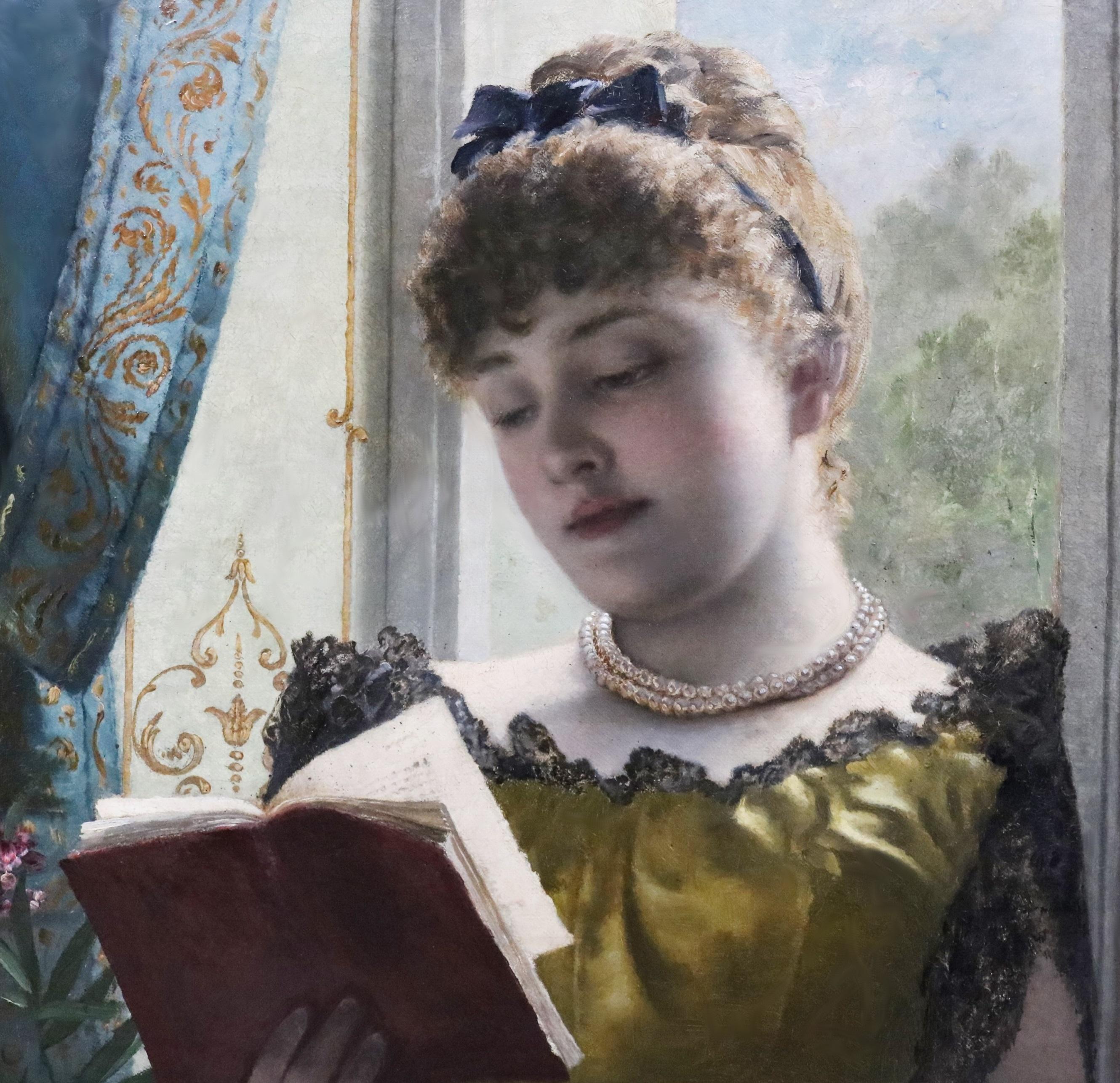Perdu dans la Poesie - 19th Century French Oil Painting of Belle Epoque Beauty For Sale 1