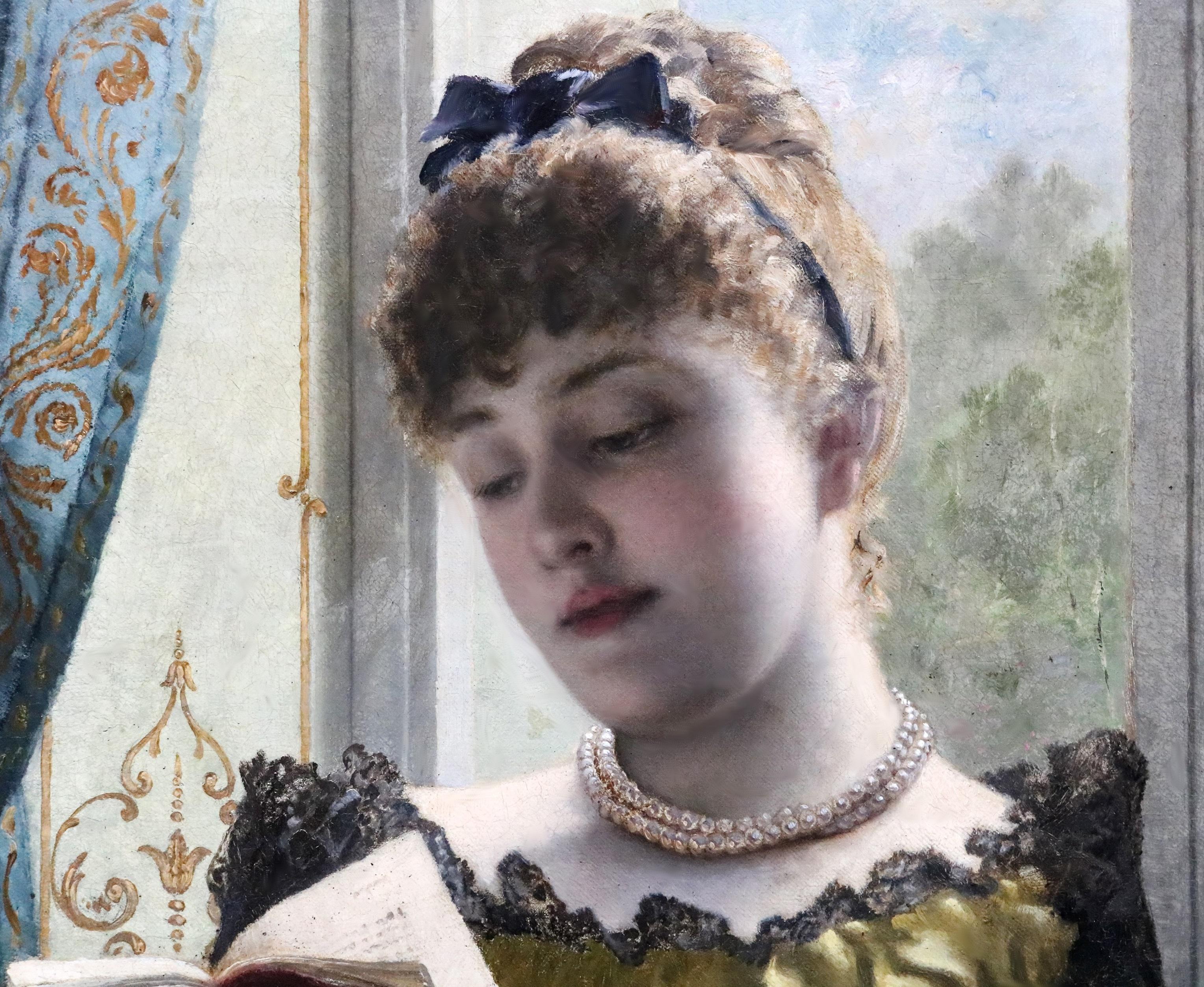 Perdu dans la Poesie - 19th Century French Oil Painting of Belle Epoque Beauty For Sale 2