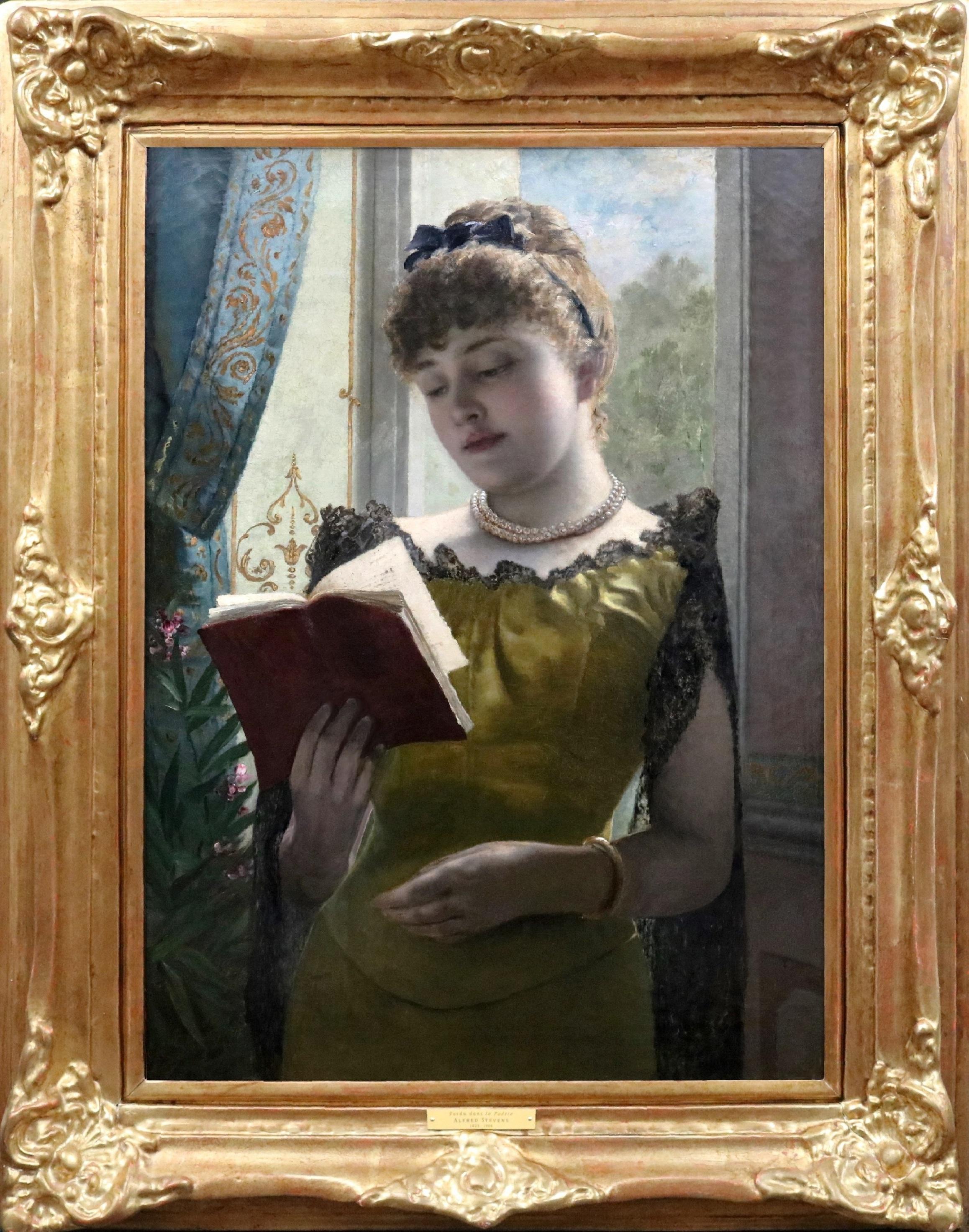 Alfred Émile Léopold Stevens Figurative Painting - Perdu dans la Poesie - 19th Century French Oil Painting of Belle Epoque Beauty