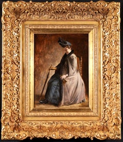 Reverie - Huile impressionniste, figure assise à l'intérieur d'Alfred Stevens