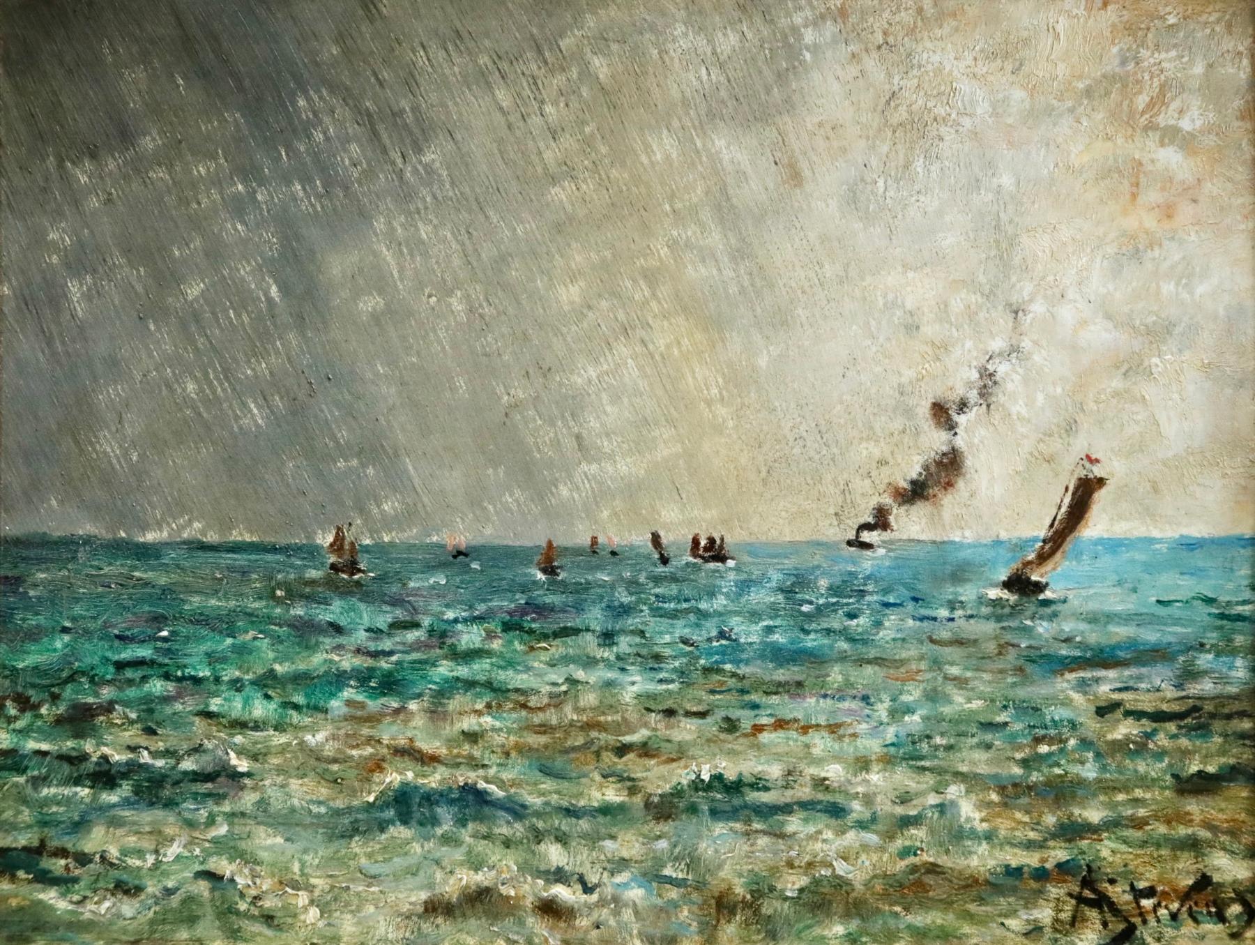 Steamers off the Coast - 19th Century Oil, Boats in Seascape by Alfred Stevens - Painting by Alfred Émile Léopold Stevens
