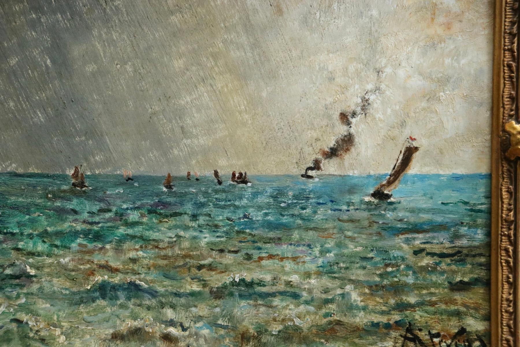 Steamers off the Coast - 19th Century Oil, Boats in Seascape by Alfred Stevens - Impressionist Painting by Alfred Émile Léopold Stevens