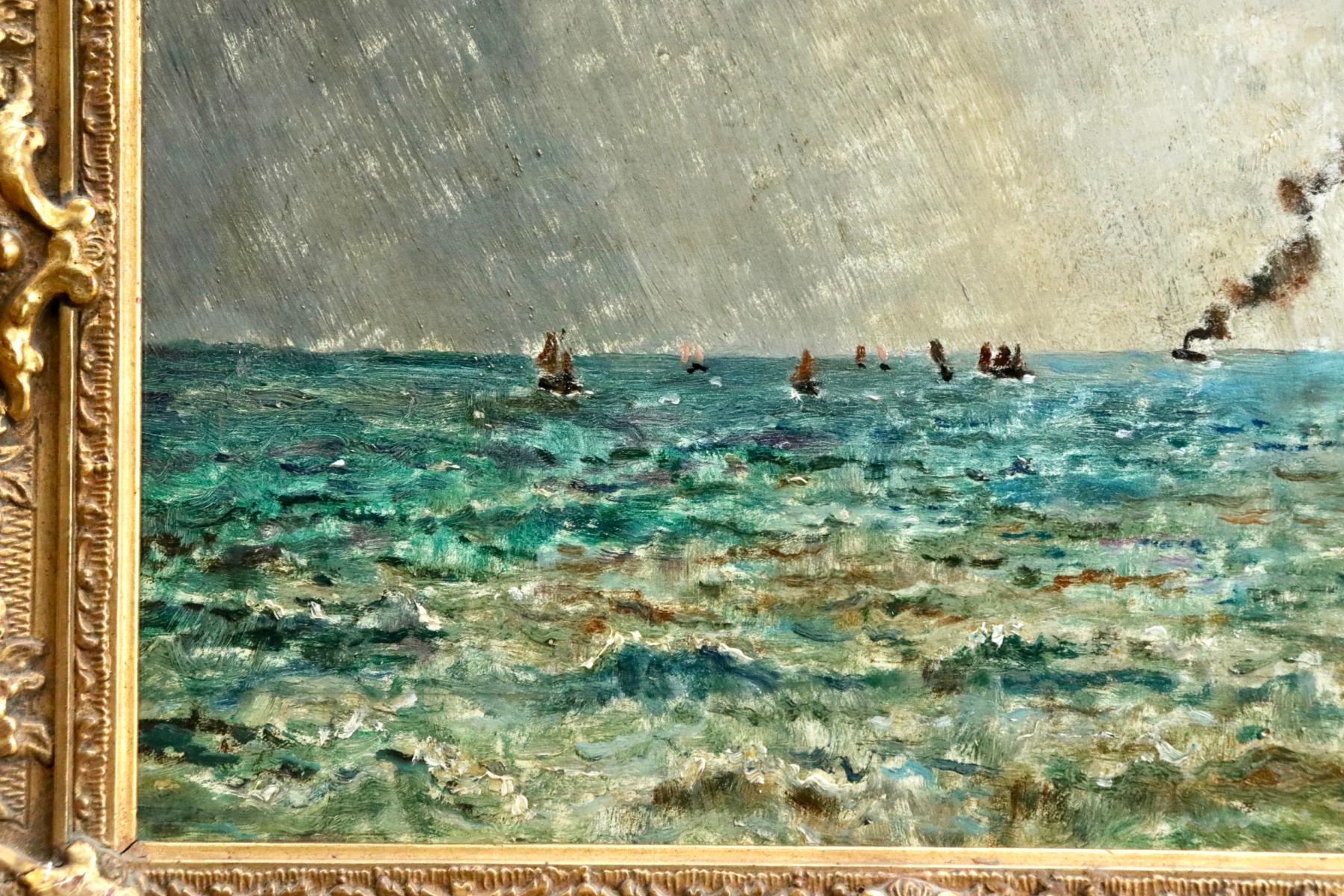 Steamers off the Coast - 19th Century Oil, Boats in Seascape by Alfred Stevens - Brown Landscape Painting by Alfred Émile Léopold Stevens
