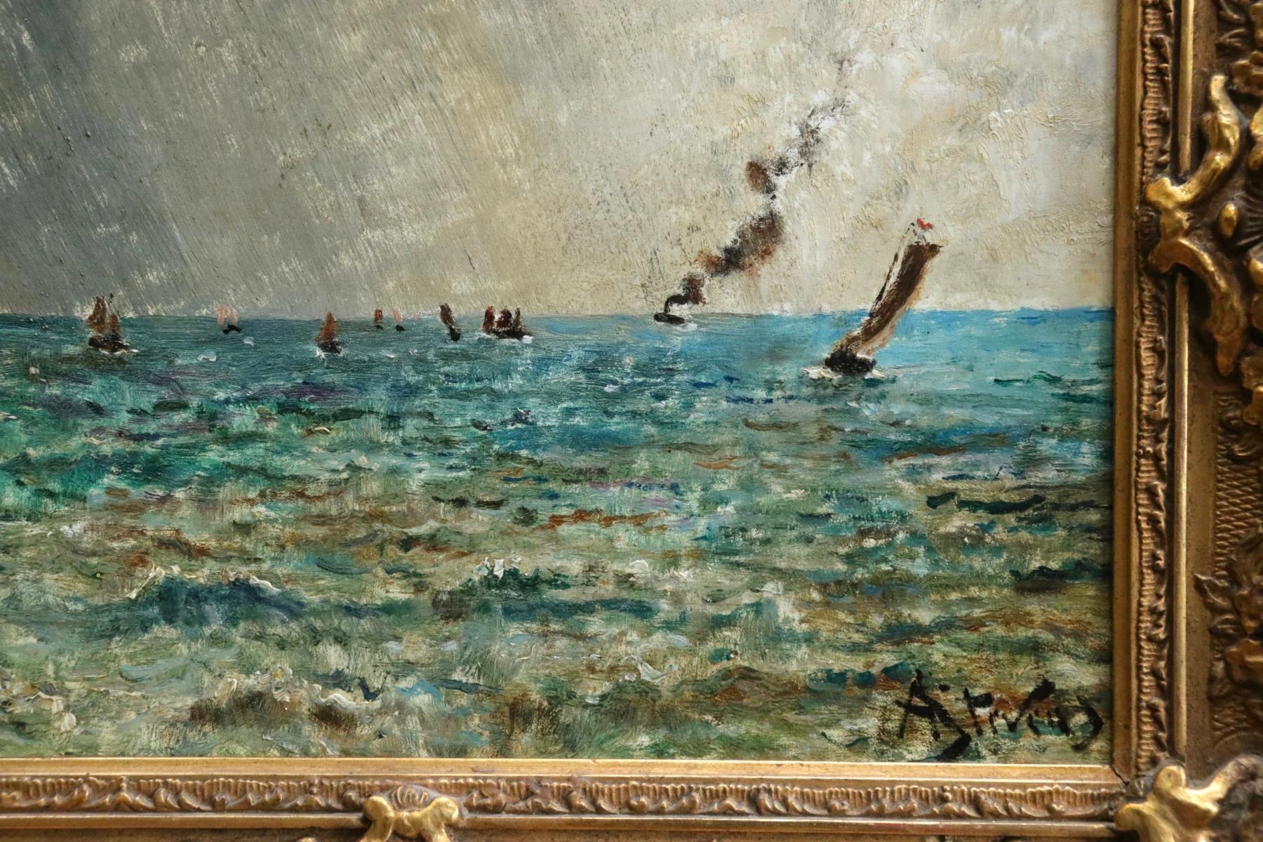 Steamers off the Coast - 19th Century Oil, Boats in Seascape by Alfred Stevens 1