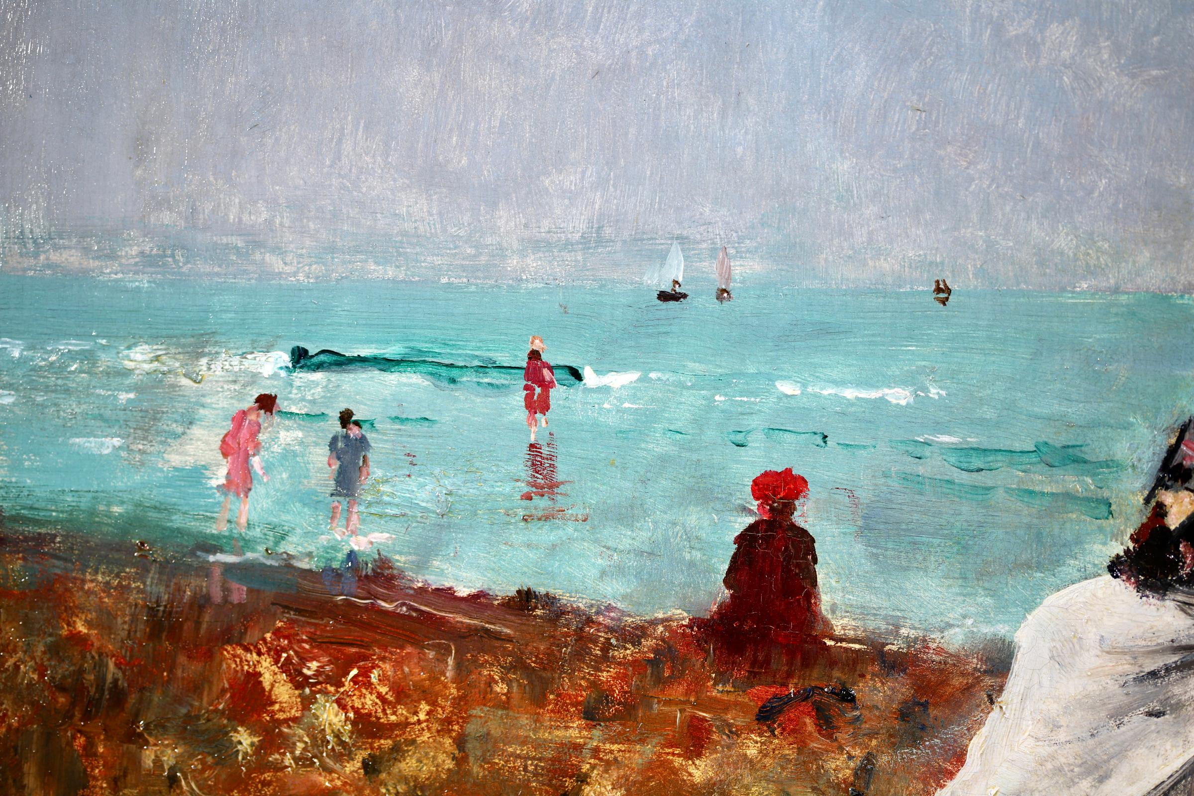 Sur la Plage - Impressionist Oil, Figures in Coastal Landscape by Alfred Stevens For Sale 2