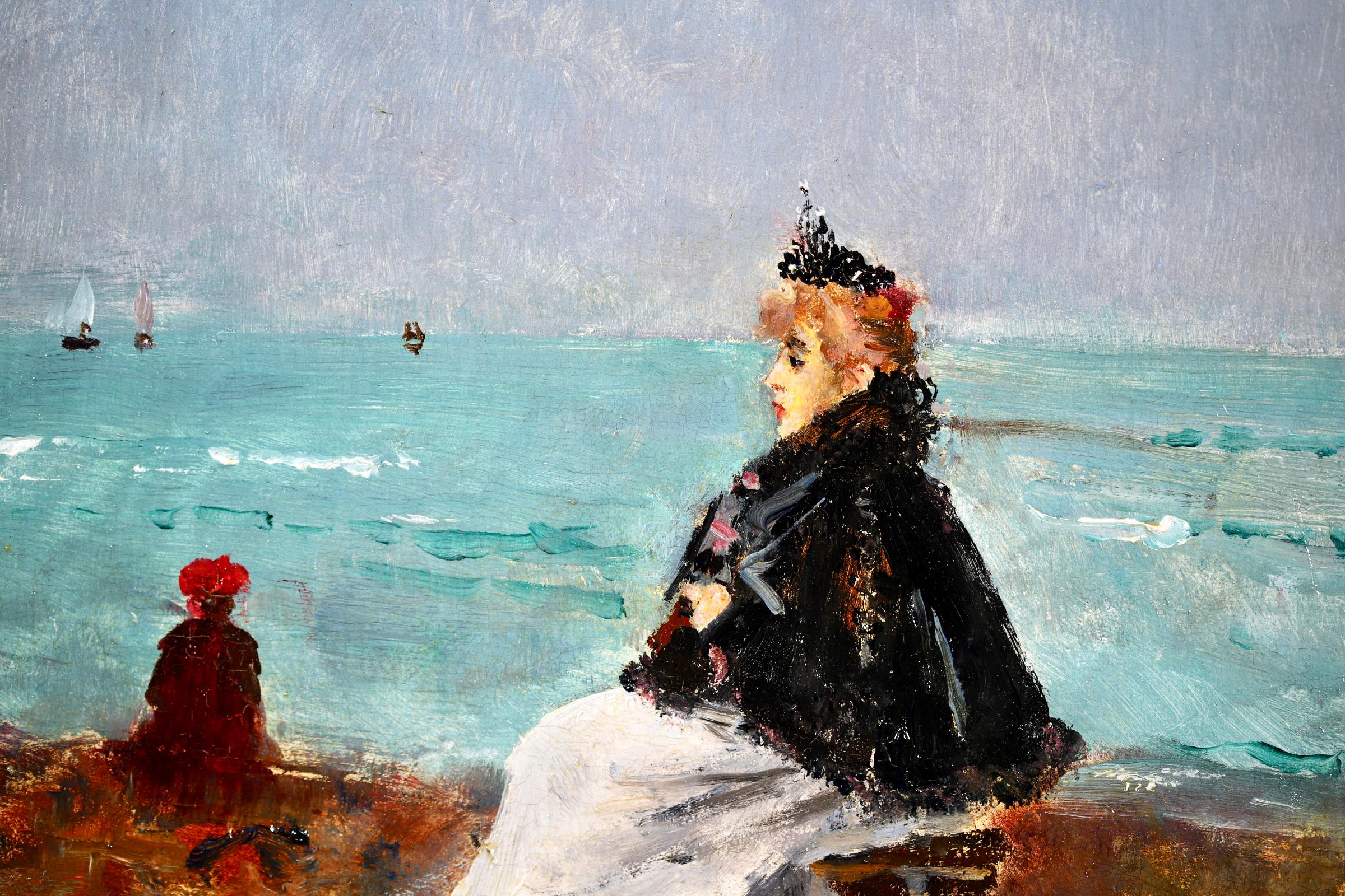 Sur la Plage - Huile impressionniste, figures dans un paysage côtier d'Alfred Stevens en vente 5