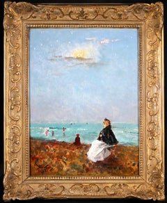 Sur la Plage - Impressionist Oil, Figures in Coastal Landscape by Alfred Stevens