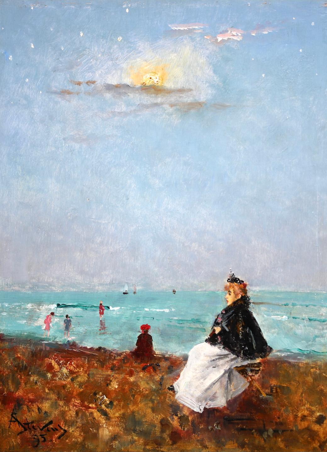 Sur la Plage - Óleo impresionista, Figuras en paisaje costero de Alfred Stevens - Painting de Alfred Émile Léopold Stevens