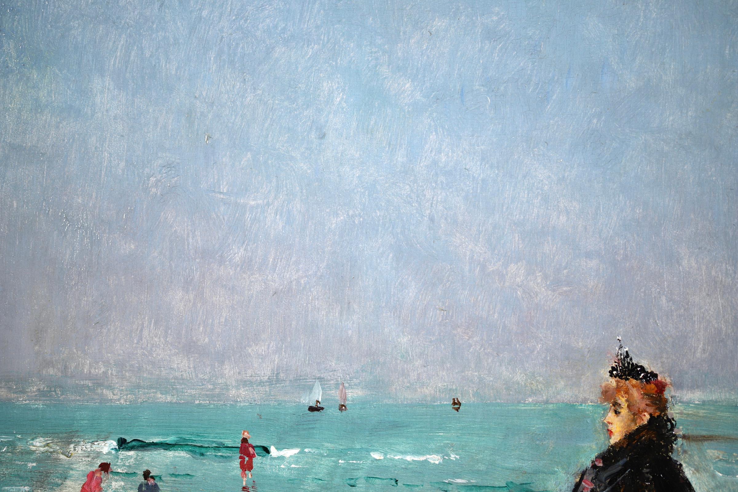 Sur la Plage - Huile impressionniste, figures dans un paysage côtier d'Alfred Stevens - Bleu Landscape Painting par Alfred Émile Léopold Stevens