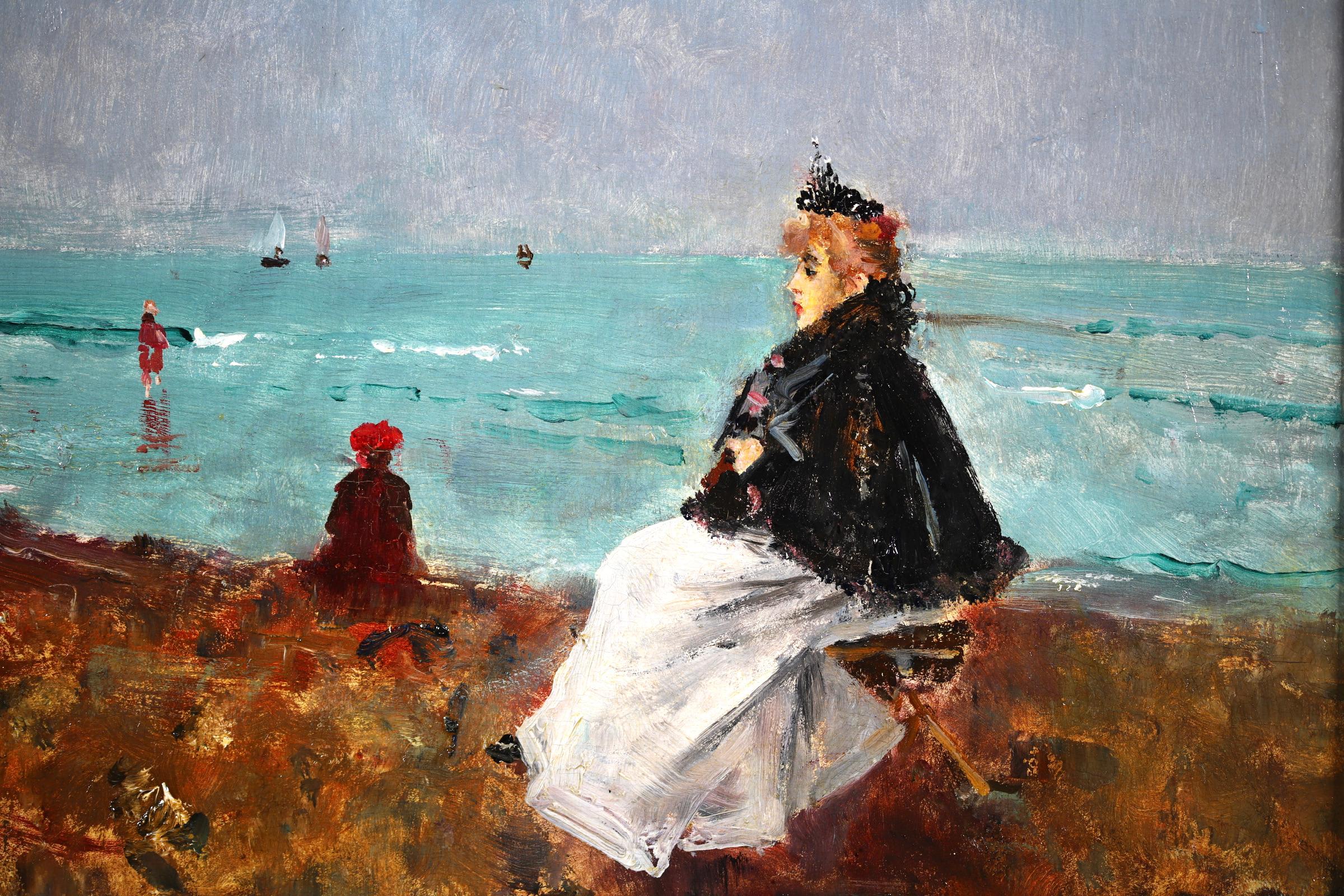 Sur la Plage – Impressionistisches Ölgemälde, Figuren in Küstenlandschaft von Alfred Stevens im Angebot 1