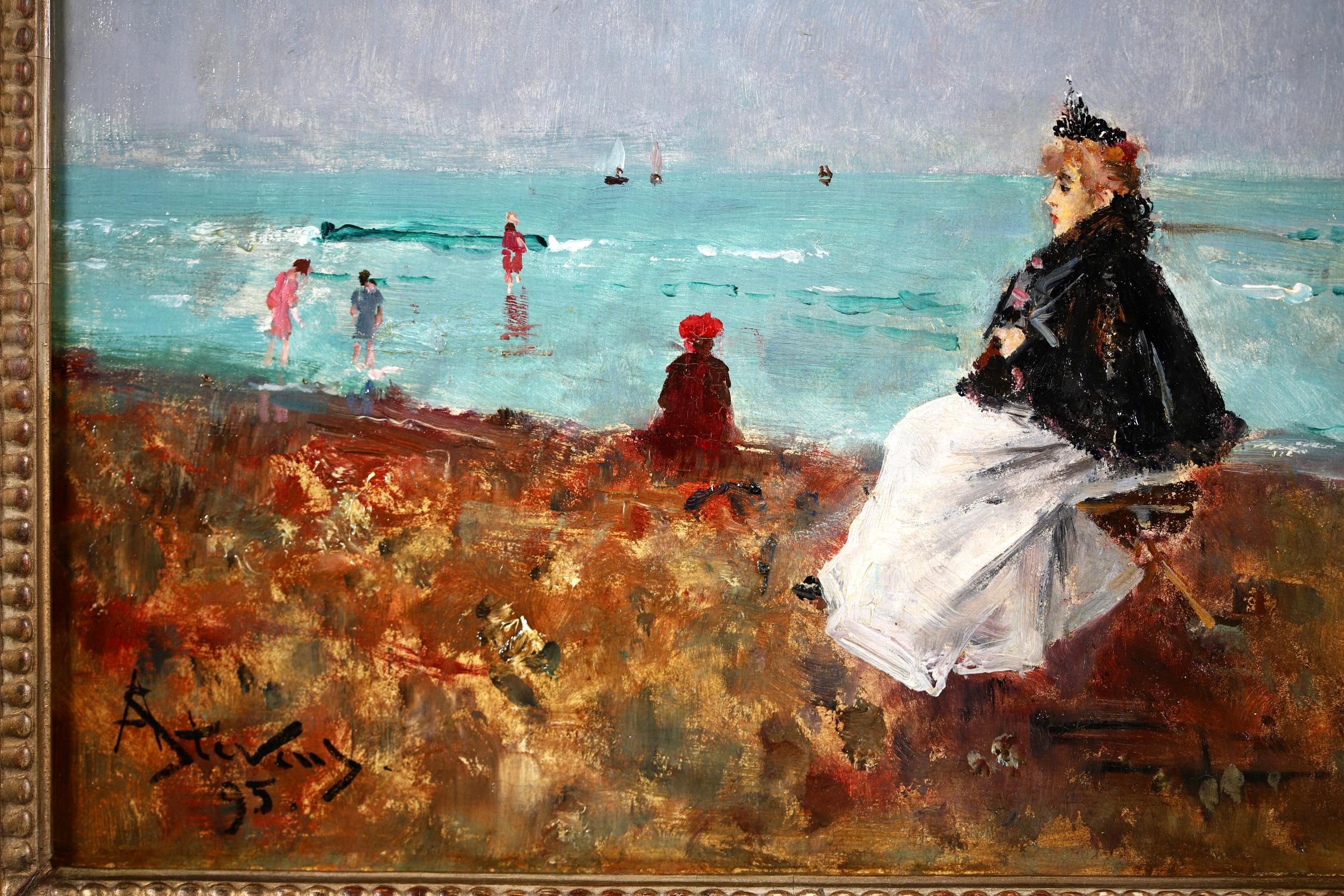Signed and dated figures in seascape oil on panel by Belgian impressionist painter Alfred Emile Leopold Stevens. The work depicts an elegant woman sat on a stall at the beach as children paddle in the turquoise sea. 

Signature:
Signed and dated