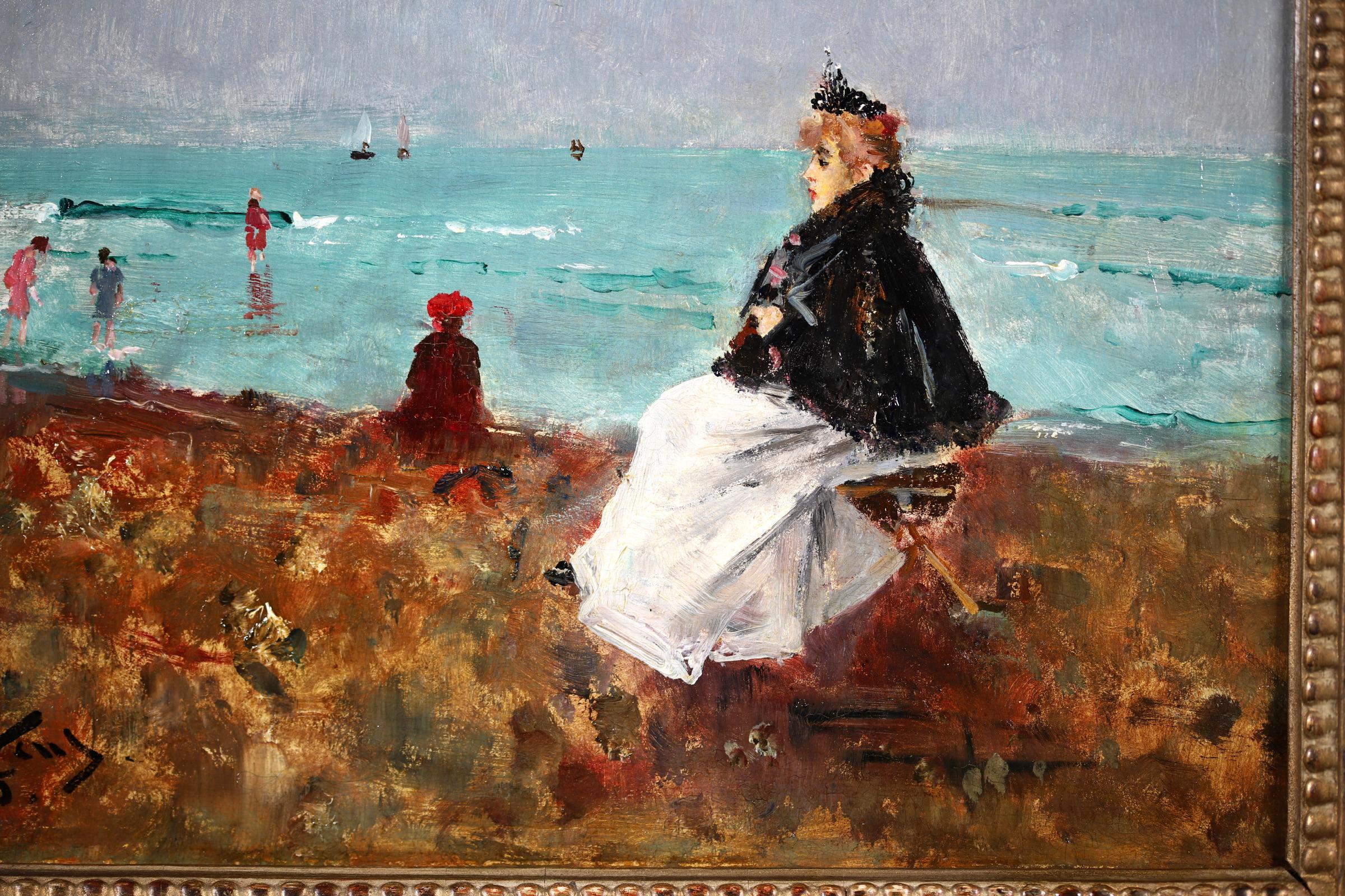 Sur la Plage – Impressionistisches Ölgemälde, Figuren in Küstenlandschaft von Alfred Stevens im Angebot 3