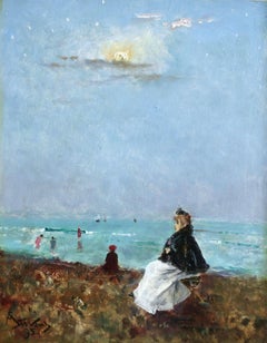 Sur la Plage - 19th Century Oil, Figures at the Beach Seascape by Alfred Stevens