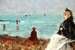 Sur la Plage - Óleo impresionista, Figuras en paisaje costero de Alfred Stevens