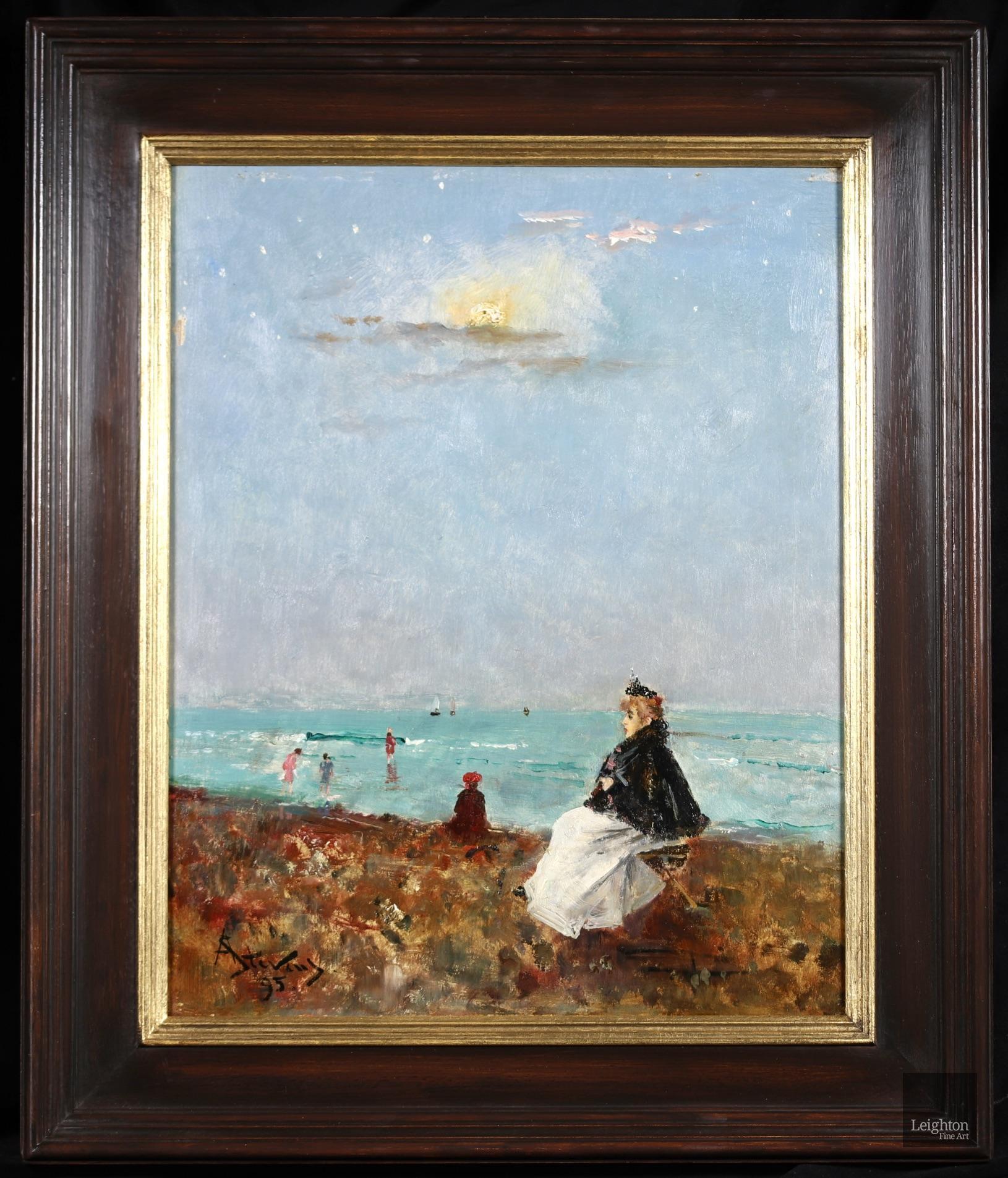 Sur la plage - Impressionist Figures in Landscape Oil Painting by Alfred Stevens