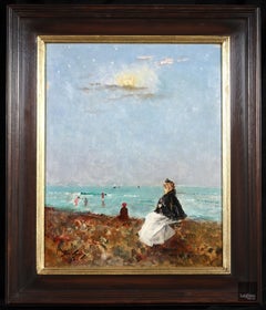 Sur la Plage - Óleo impresionista, Figuras en paisaje costero de Alfred Stevens