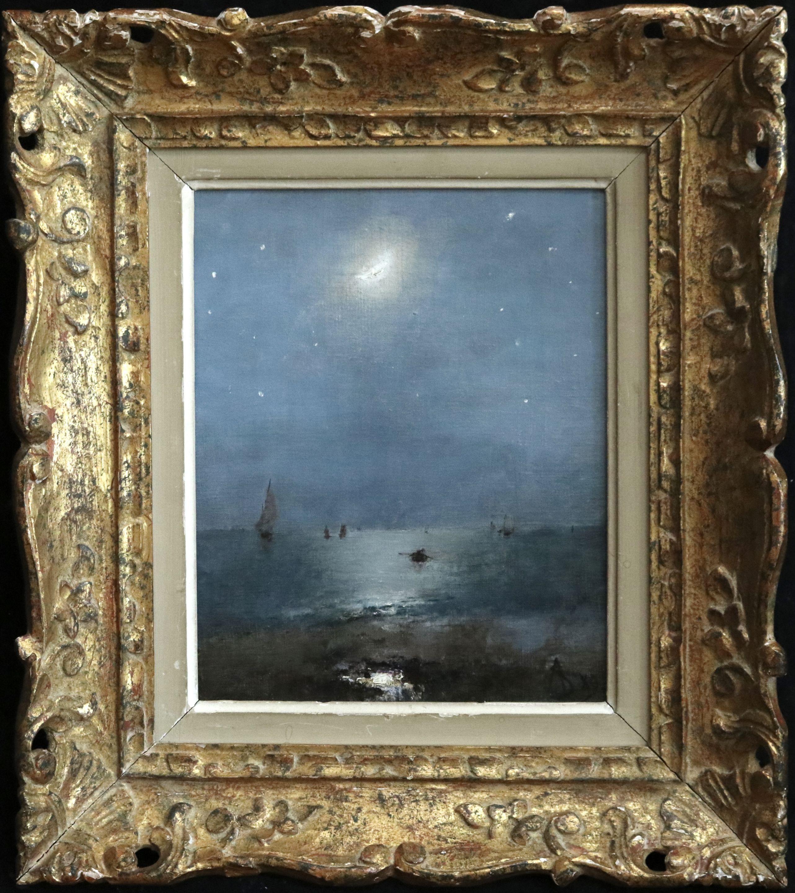 Alfred Émile Léopold Stevens Figurative Painting - The Moon & Stars - 19th Century Oil, Starry Night Sea Landscape - Alfred Stevens