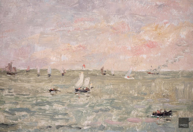 Signed seascape oil on panel by Belgian realist painter Alfred Emile Leopold Stevens. The work depicts sail boats at sea. The sky is beginning to glow pink and yellow as the sun sets above the blue sea.

Signature:
Signed lower