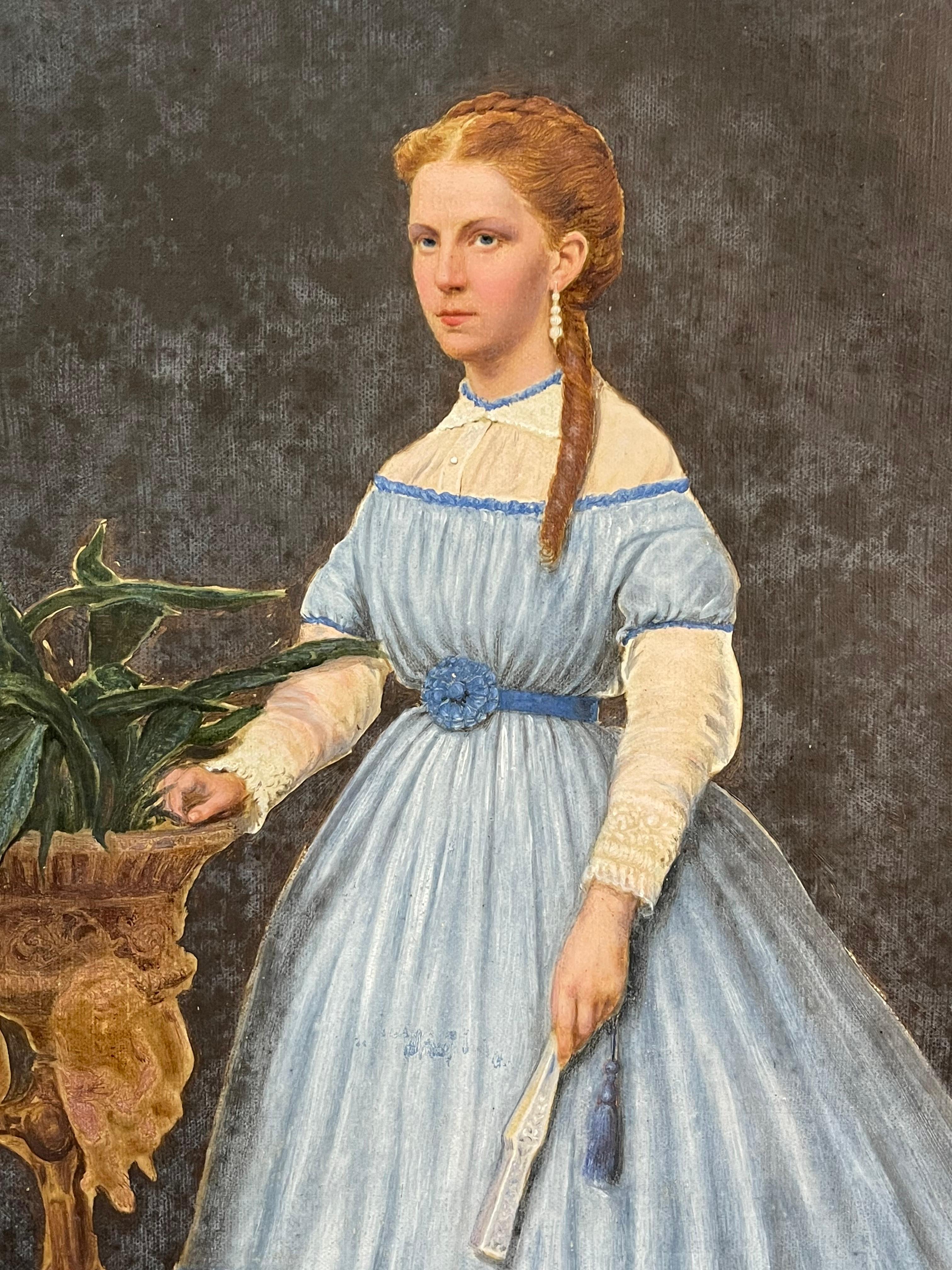 Beautiful painting in gouache technique depicting a distinguished young lady.
The noblewoman presents a pose of rare elegance, with one hand resting on a planter and the other holding a closed fan.
The grace, period, style and quality all point to