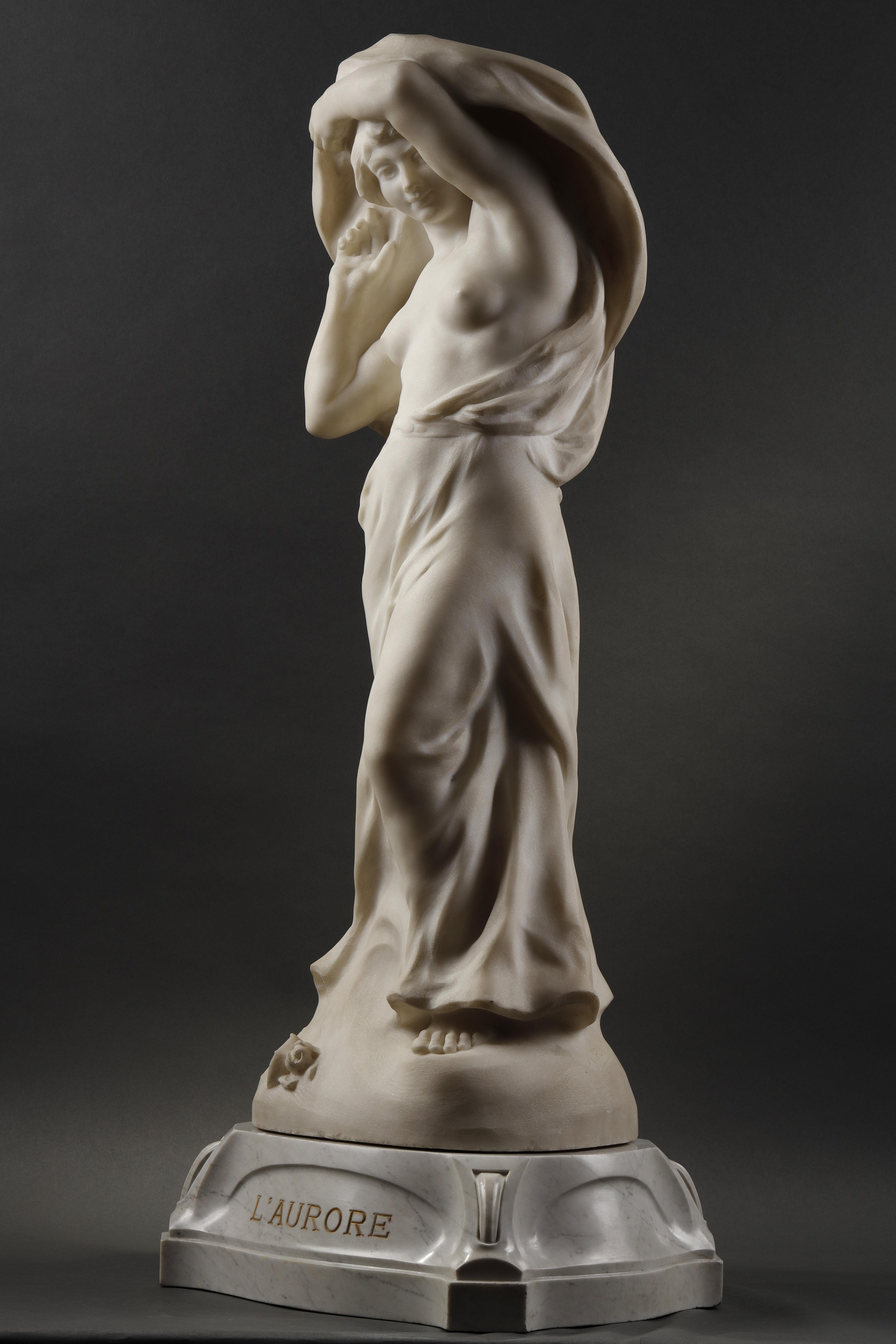 Title : 				L'Aurore (The Dawn)

		The sculpture depicts a smiling woman getting up in the morning.  The artist chose to detail only the anatomical parts of the woman, her hands, her feet, her face and her chest, while he left vague the features of