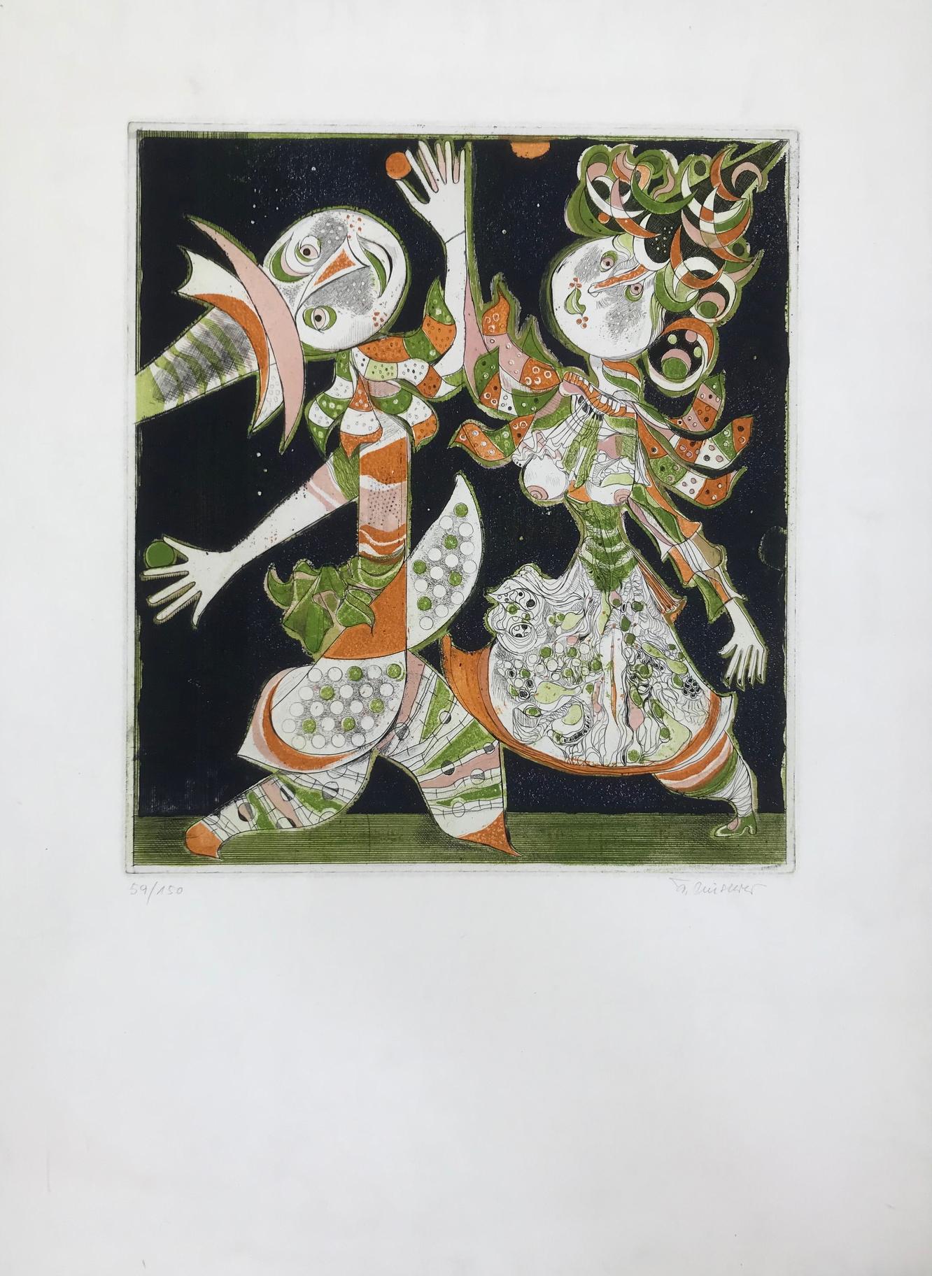 Alfred Finsterer Figurative Print - Mondhaubentanz -  Male and Female Clowns Dancing (Edition 59/150)