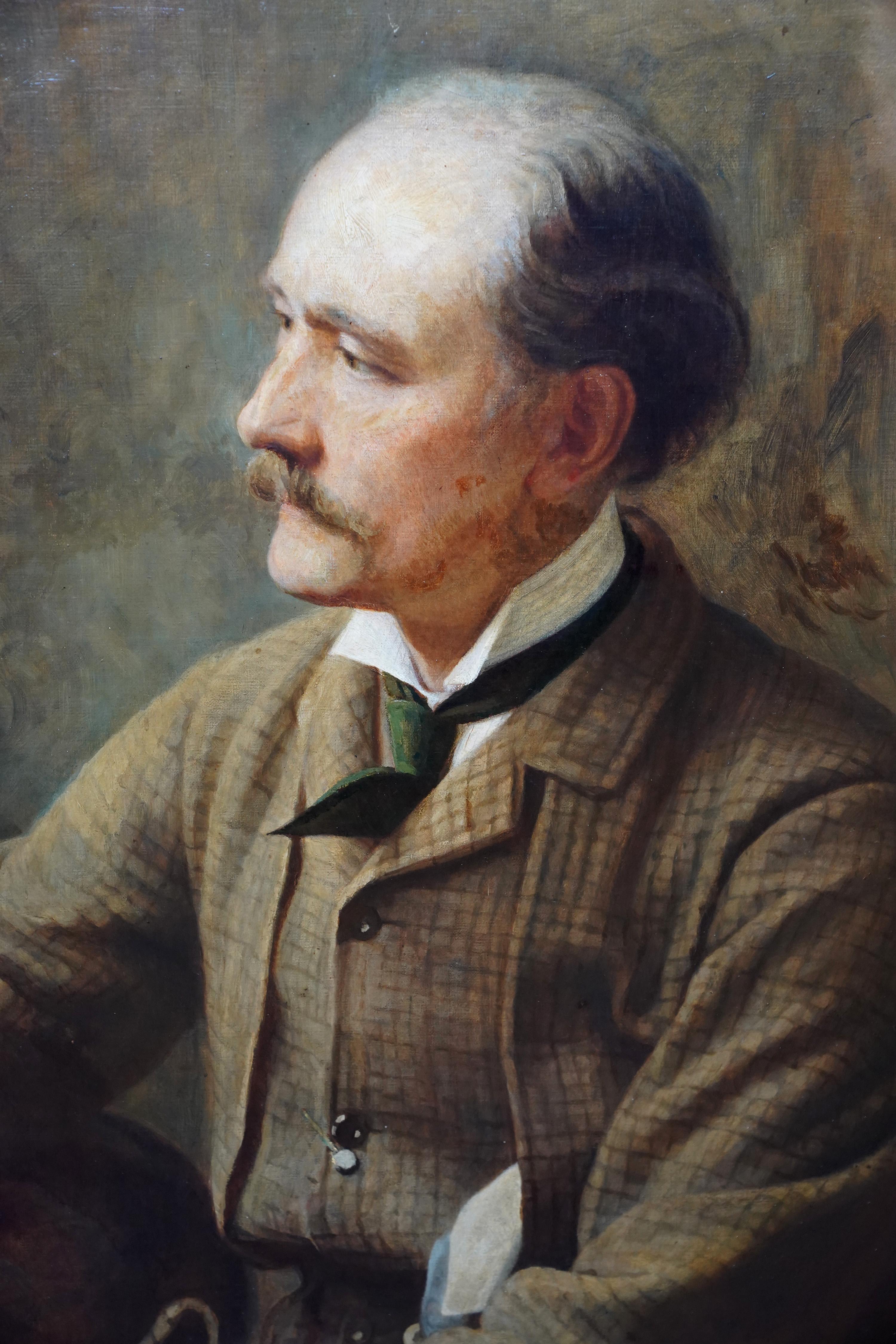 This lovely British Victorian portrait oil painting is by noted and well exhibited artist Alfred Fitzwalter Grace. Painted circa 1875 it is a seated profile portrait of Charles Francis Montresor, whose details are below. Painted in gorgeous warm