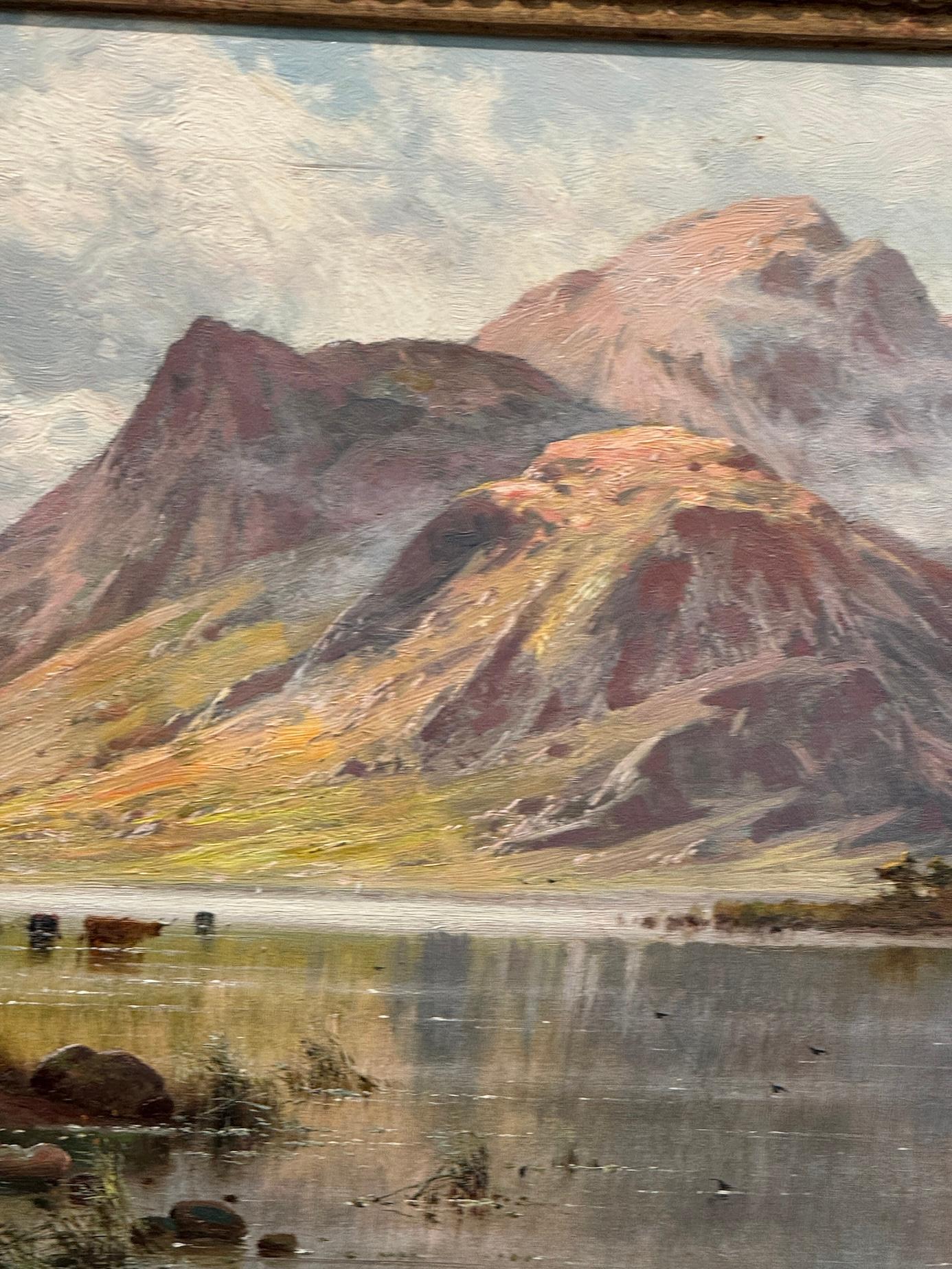 19th century Scottish Loch landscape scene with cows, birds and sunlight 6