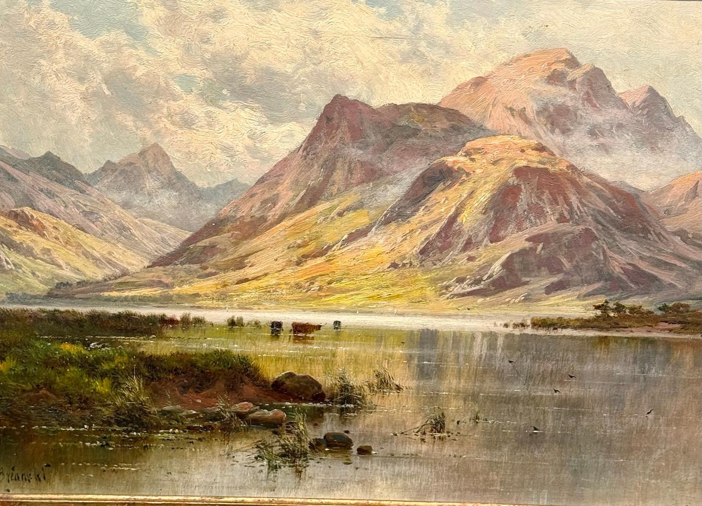 19th century Scottish Loch landscape scene with cows, birds and sunlight - Painting by  Alfred Fontville de Breanski