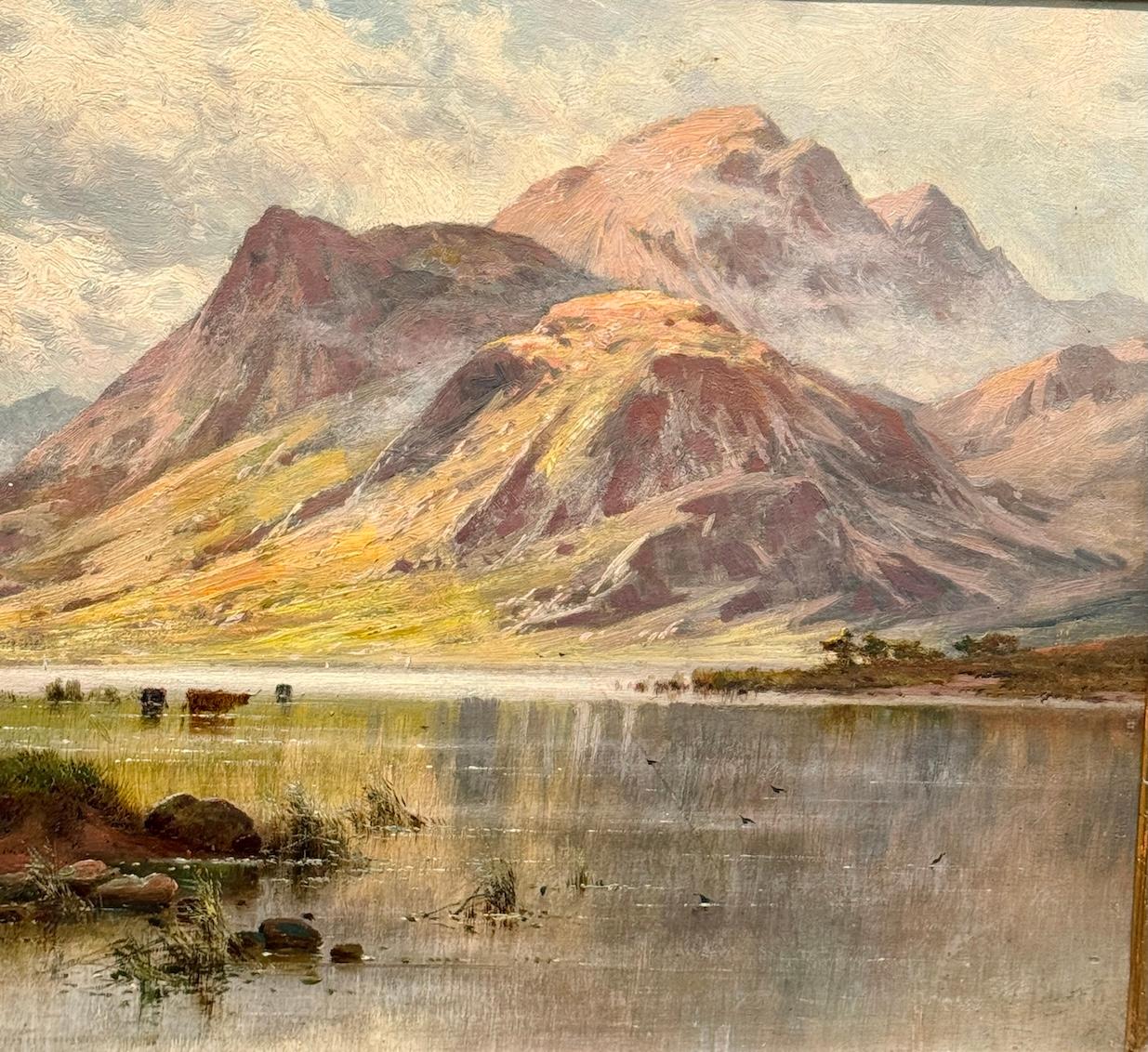 19th century Scottish Loch landscape scene with cows, birds and sunlight - Victorian Painting by  Alfred Fontville de Breanski