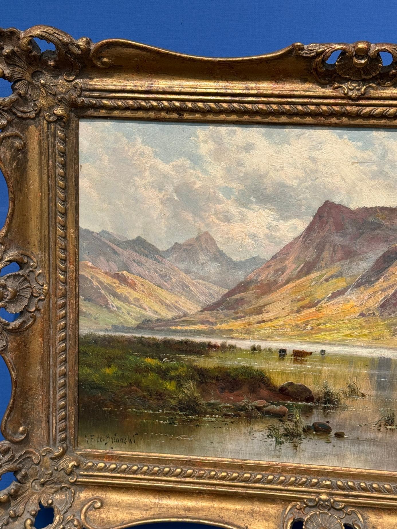 19th century Scottish Loch landscape scene with cows, birds and sunlight 1