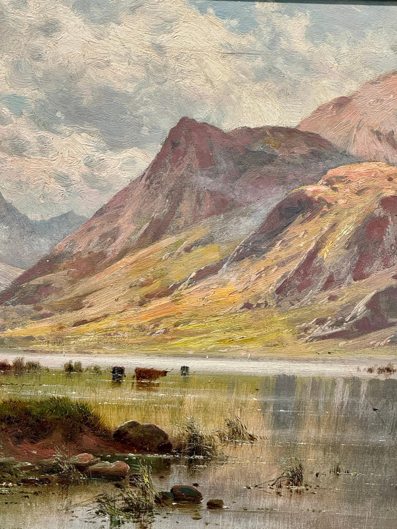 19th century Scottish Loch landscape scene with cows, birds and sunlight 3