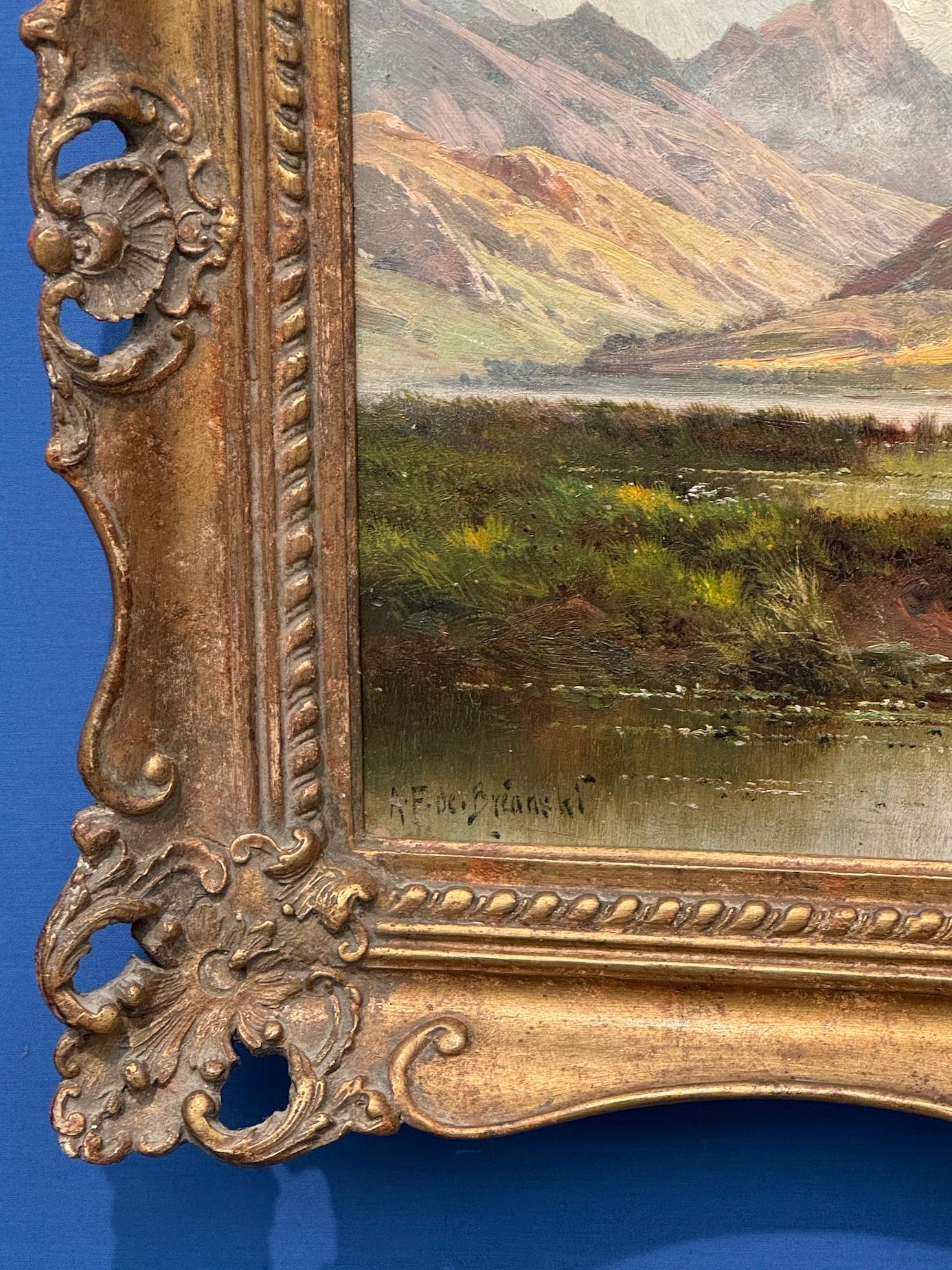 19th century Scottish Loch landscape scene with cows, birds and sunlight 4