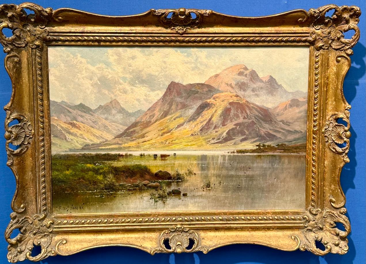 19th century Scottish Loch landscape scene with cows, birds and sunlight