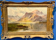 19th century Scottish Loch landscape scene with cows, birds and sunlight