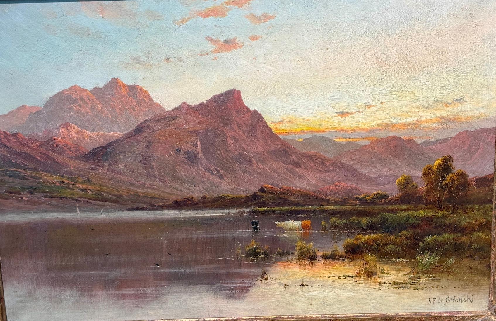 19th century Scottish Lock landscape scene with cows watering with sun setting - Victorien Painting par  Alfred Fontville de Breanski