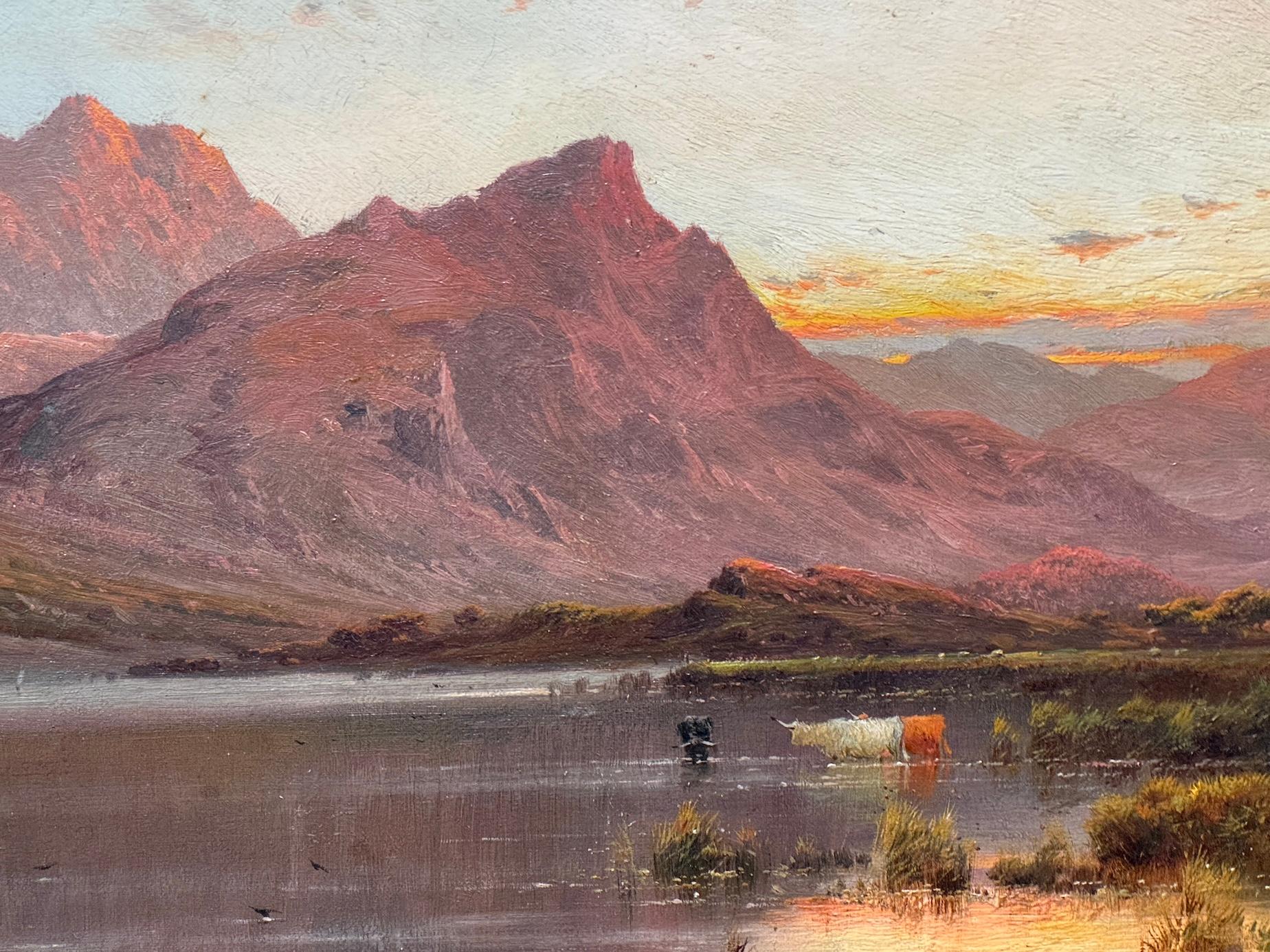 19th century Scottish Lock landscape scene with cows watering with sun setting - Marron Landscape Painting par  Alfred Fontville de Breanski