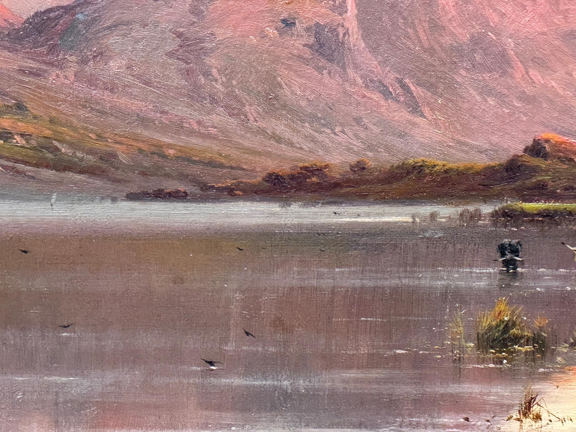 19th century Scottish Lock landscape scene with cows watering with sun setting en vente 1