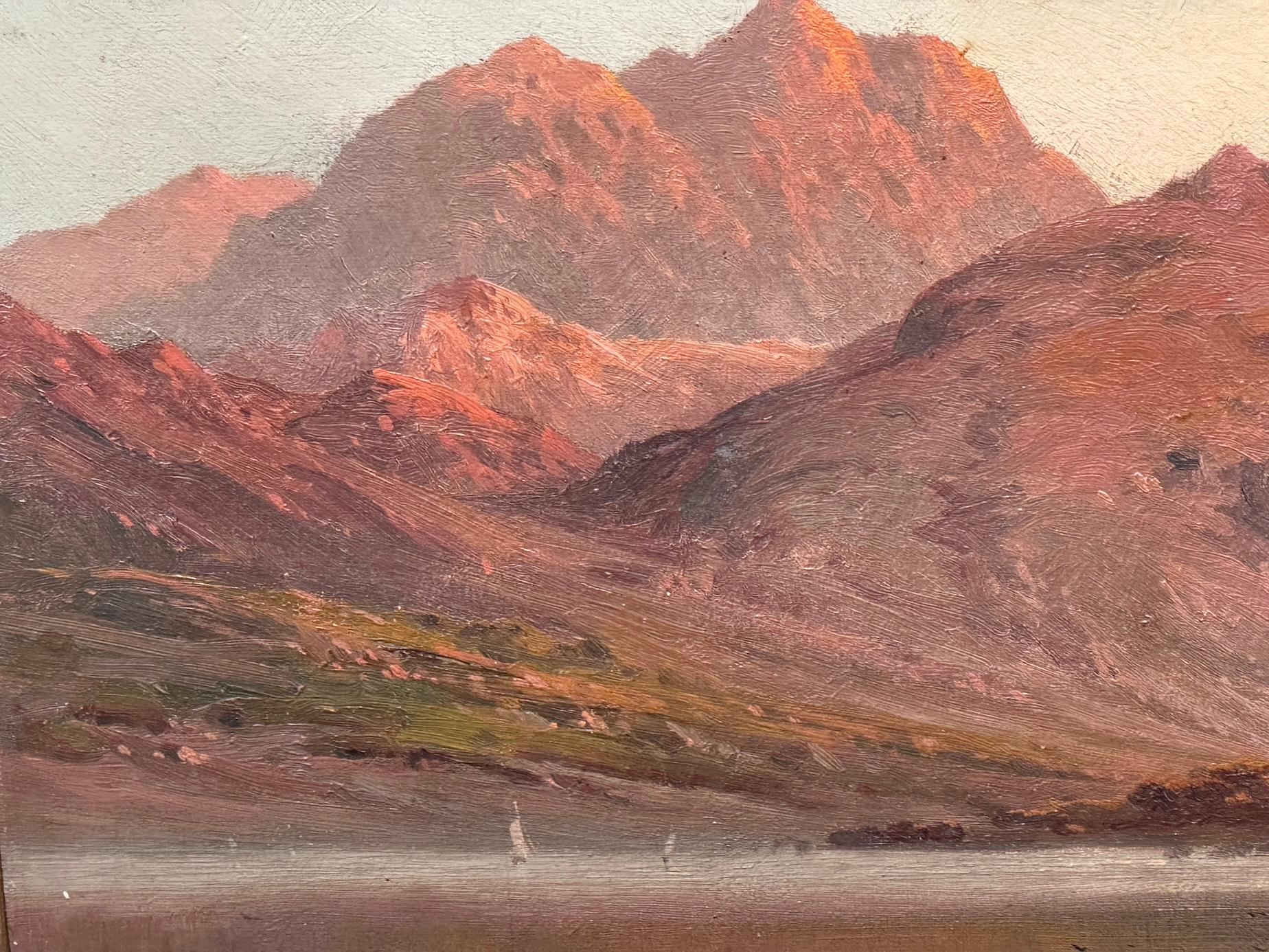 19th century Scottish Lock landscape scene with cows watering with sun setting en vente 2