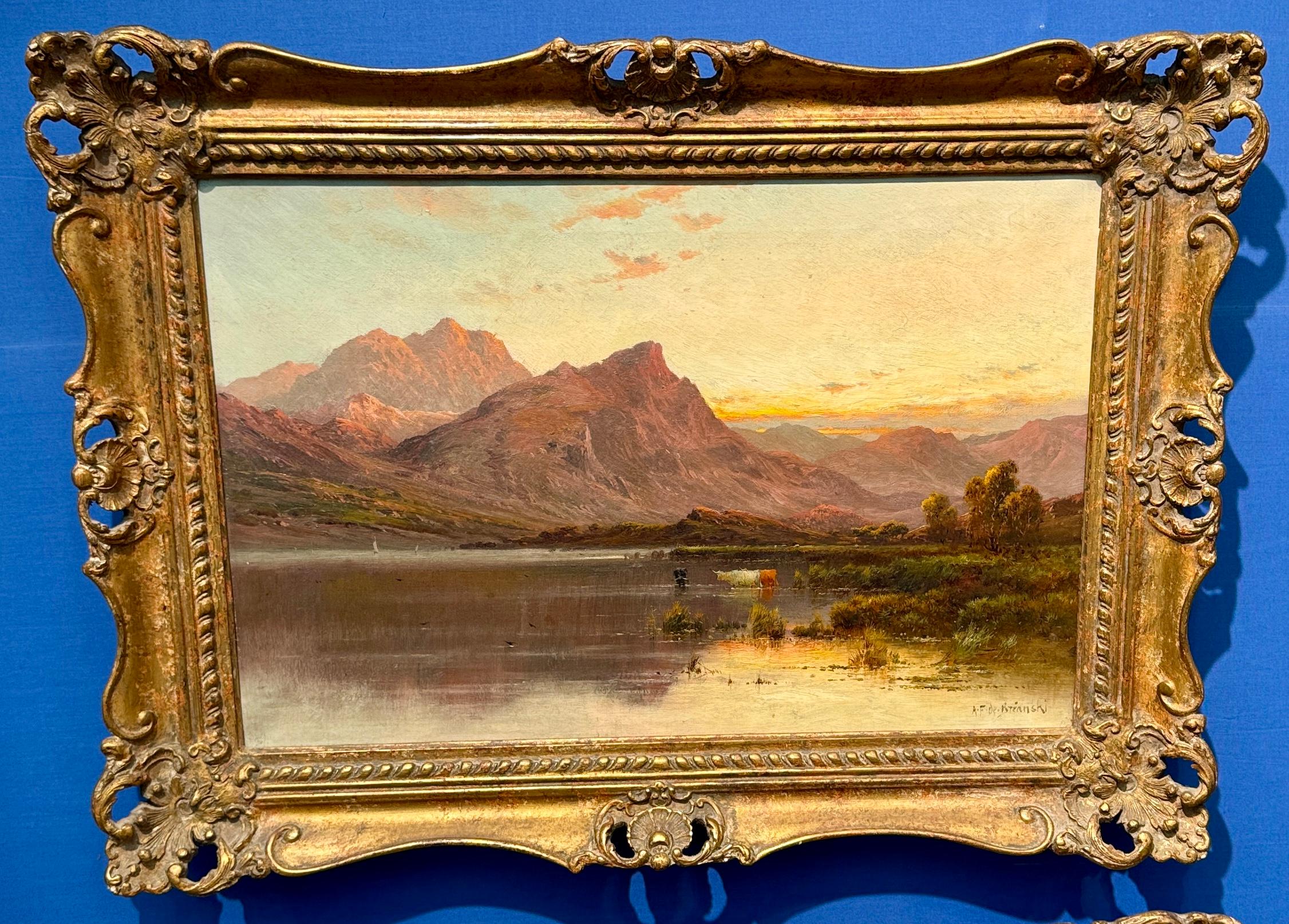 Landscape Painting  Alfred Fontville de Breanski - 19th century Scottish Lock landscape scene with cows watering with sun setting
