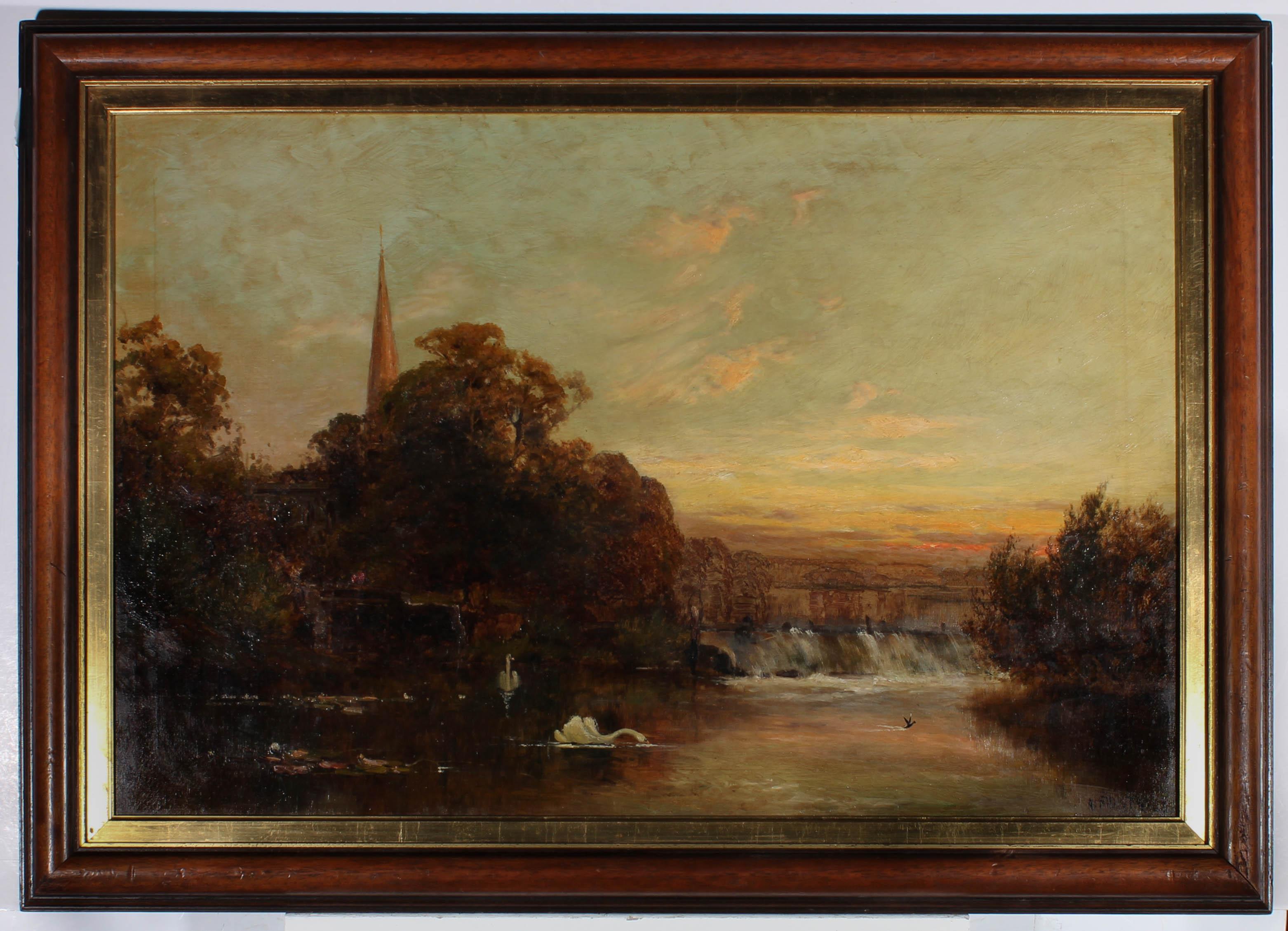 A fine turn of the Century scene in oil, showing a picturesque view of the river Avon at Stratford, with swans feeding in the water and the blushing sunset reflecting of the rippling surface. The landscape has a peaceful serenity. The artist has