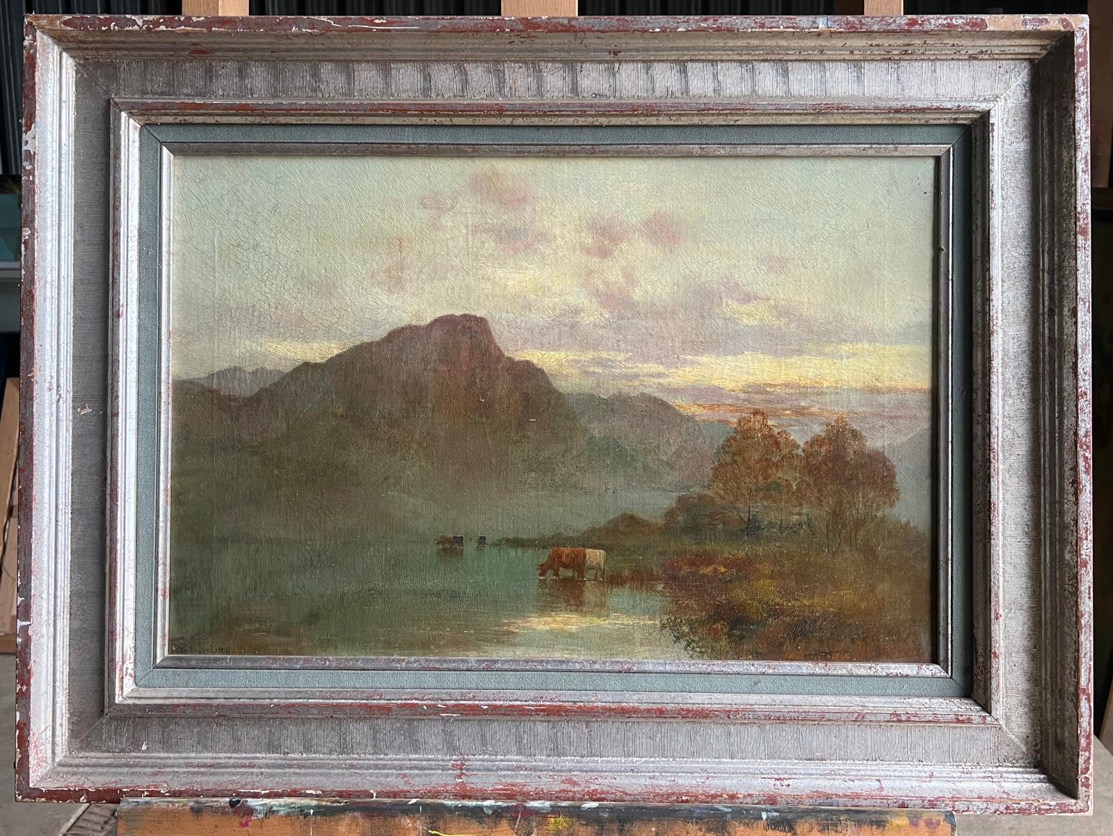 Antico bovino scozzese delle Highlands al tramonto Pittura ad olio d'atmosfera - Painting di  Alfred Fontville de Breanski