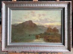 Antikes schottisches atmosphärisches Ölgemälde, Highland Loch Cattle at Sunset, atmosphärisches Ölgemälde