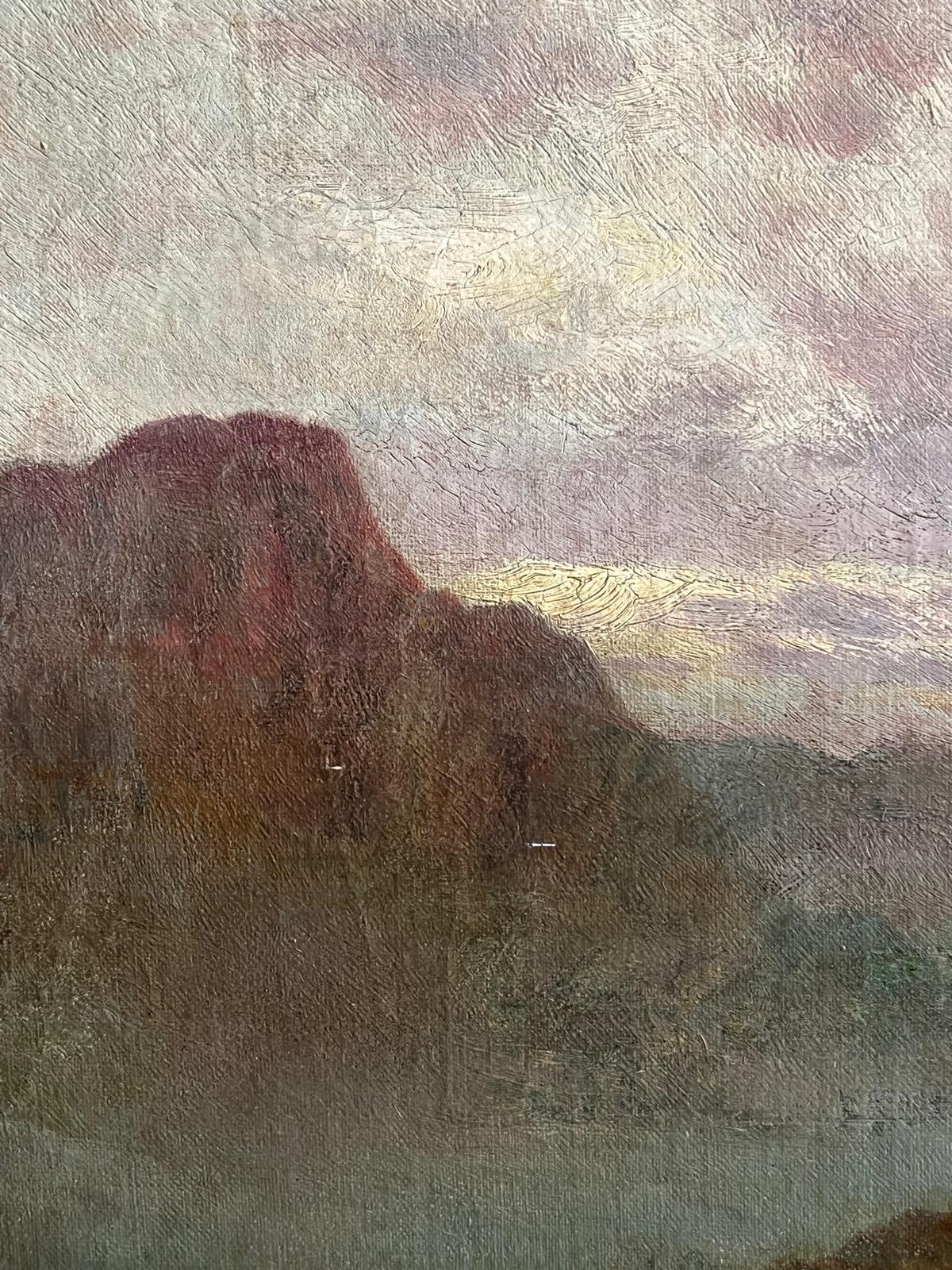 Antico bovino scozzese delle Highlands al tramonto Pittura ad olio d'atmosfera - Painting Vittoriano di  Alfred Fontville de Breanski