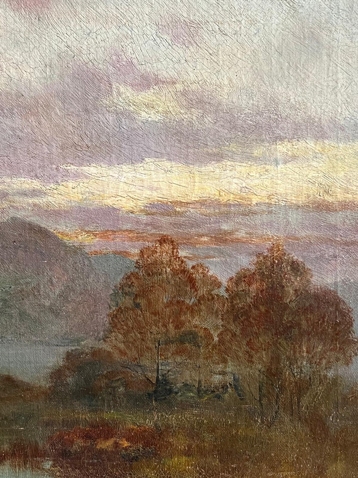 Antico bovino scozzese delle Highlands al tramonto Pittura ad olio d'atmosfera - Landscape Painting Grigio di  Alfred Fontville de Breanski